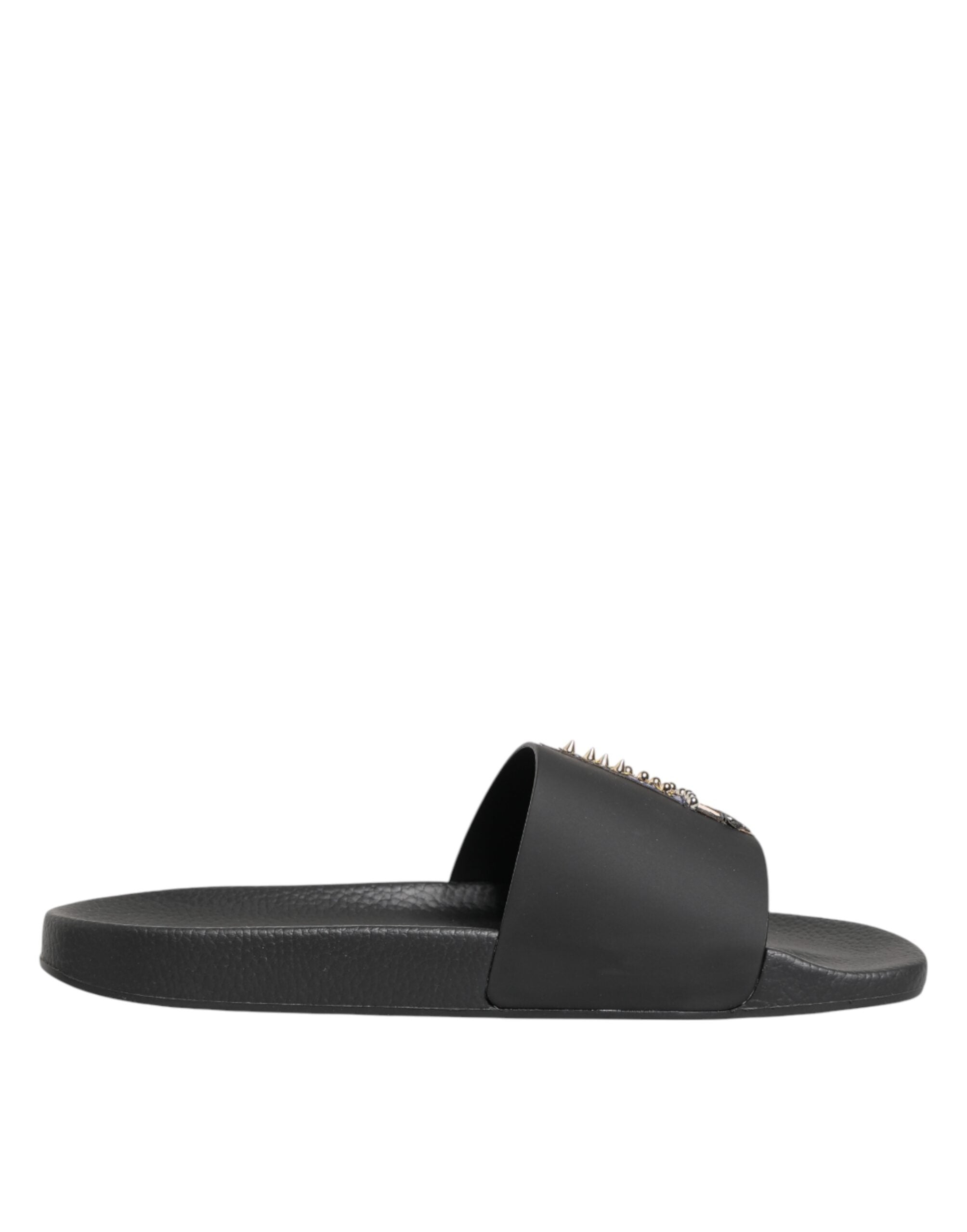 Black Leather Slides Sandals Beachwear Shoes