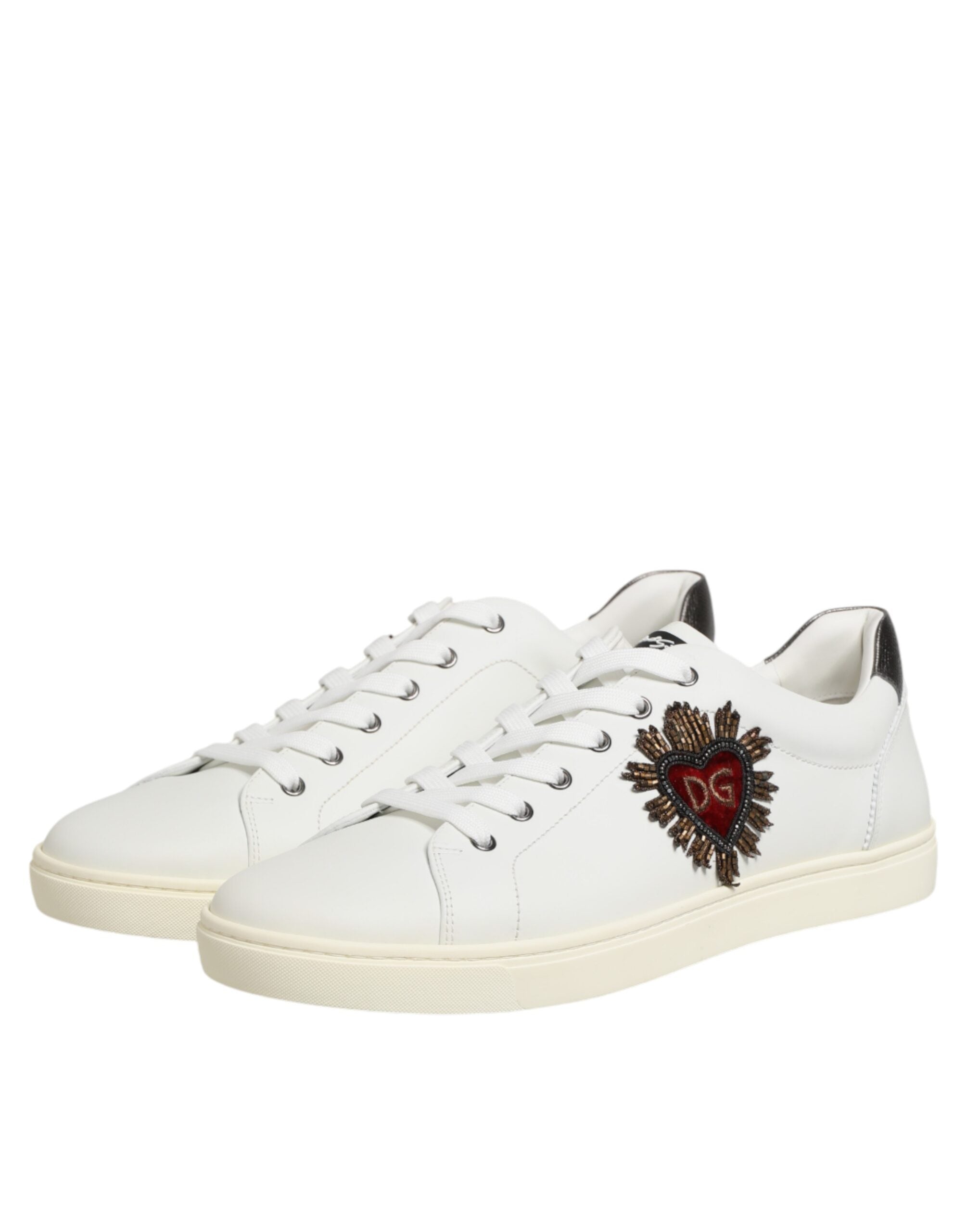 White Leather Heart Embellished Sneakers Shoes