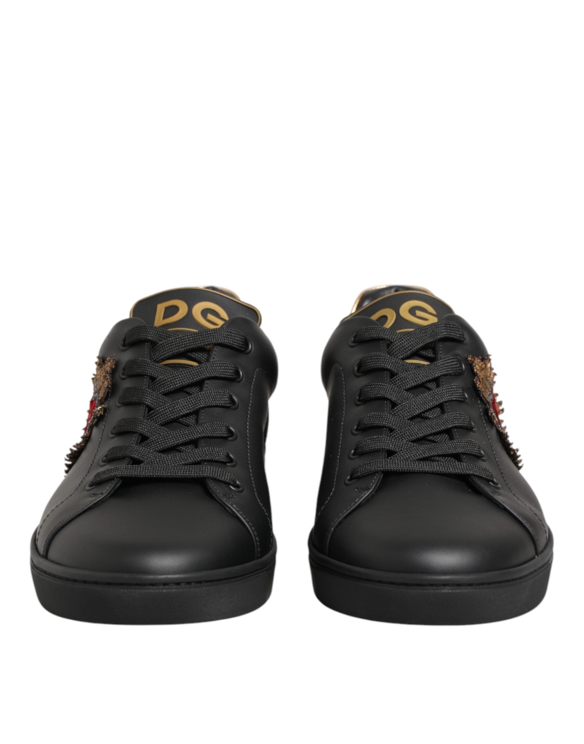 Black Leather Heart Embellished Sneakers Shoes