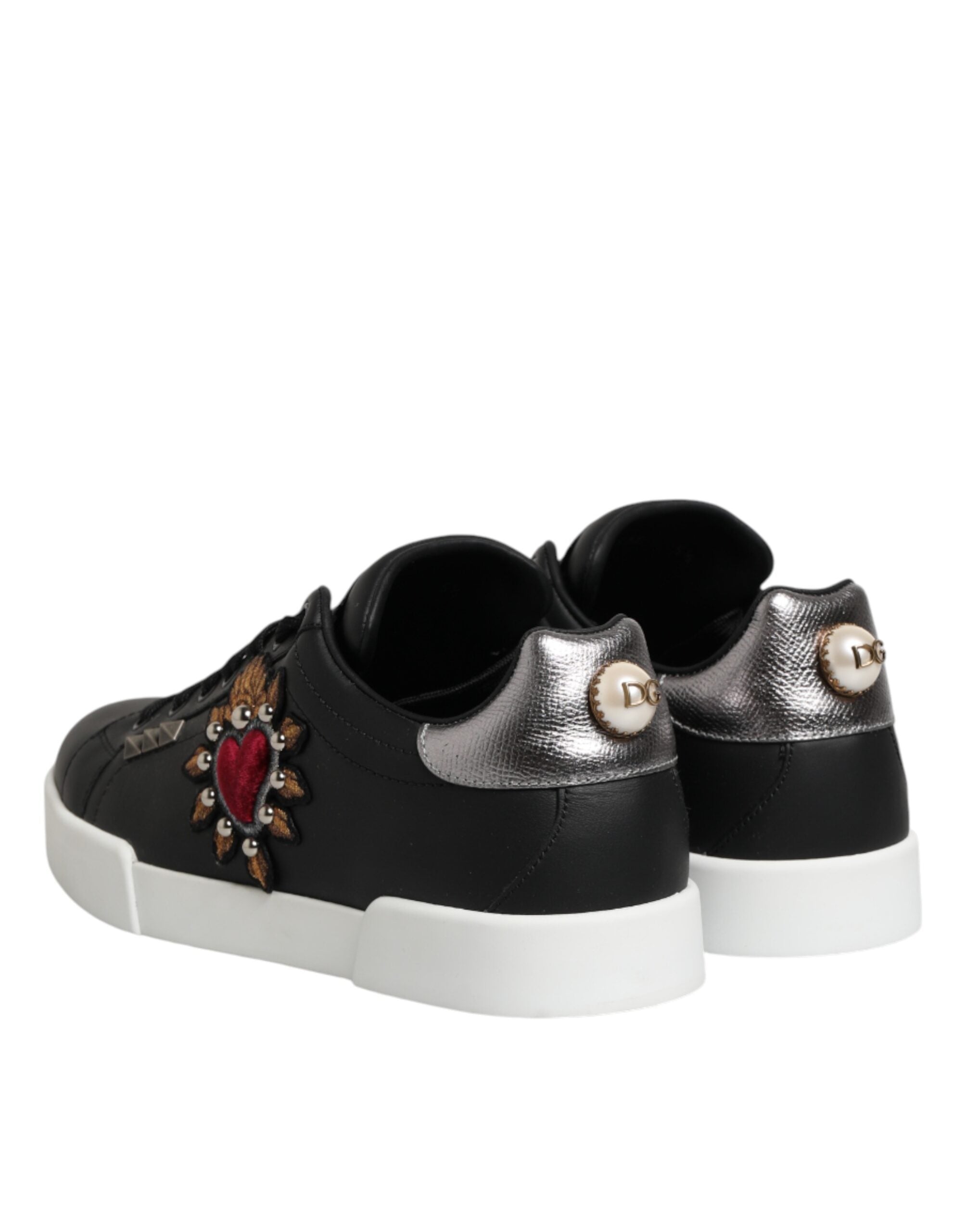 Black Leather Heart Embellished Sneakers Shoes