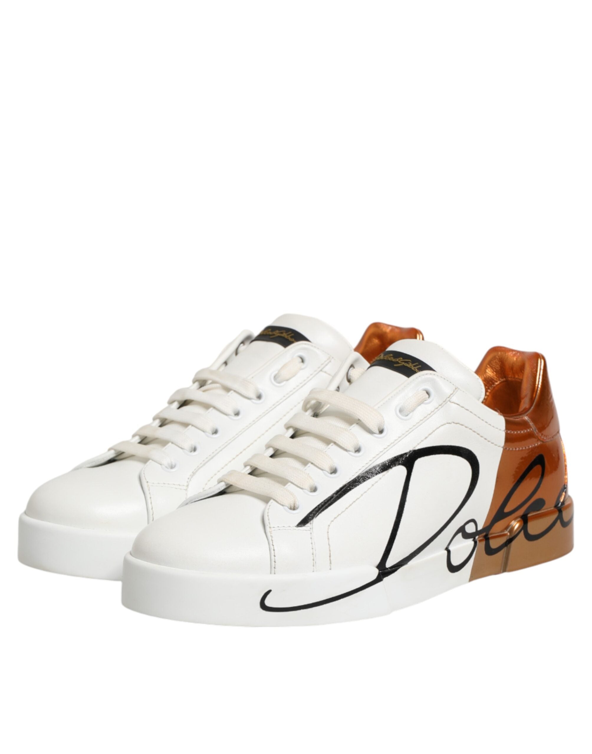 White Brown Leather Low Top Sneakers Shoes