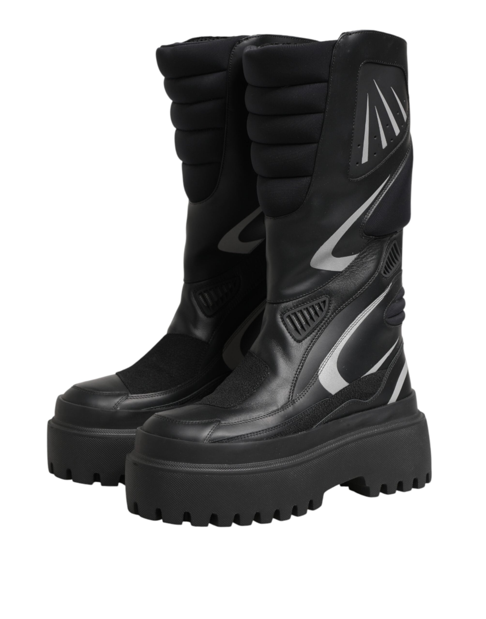 Black Leather Mid Calf Biker Boots Shoes