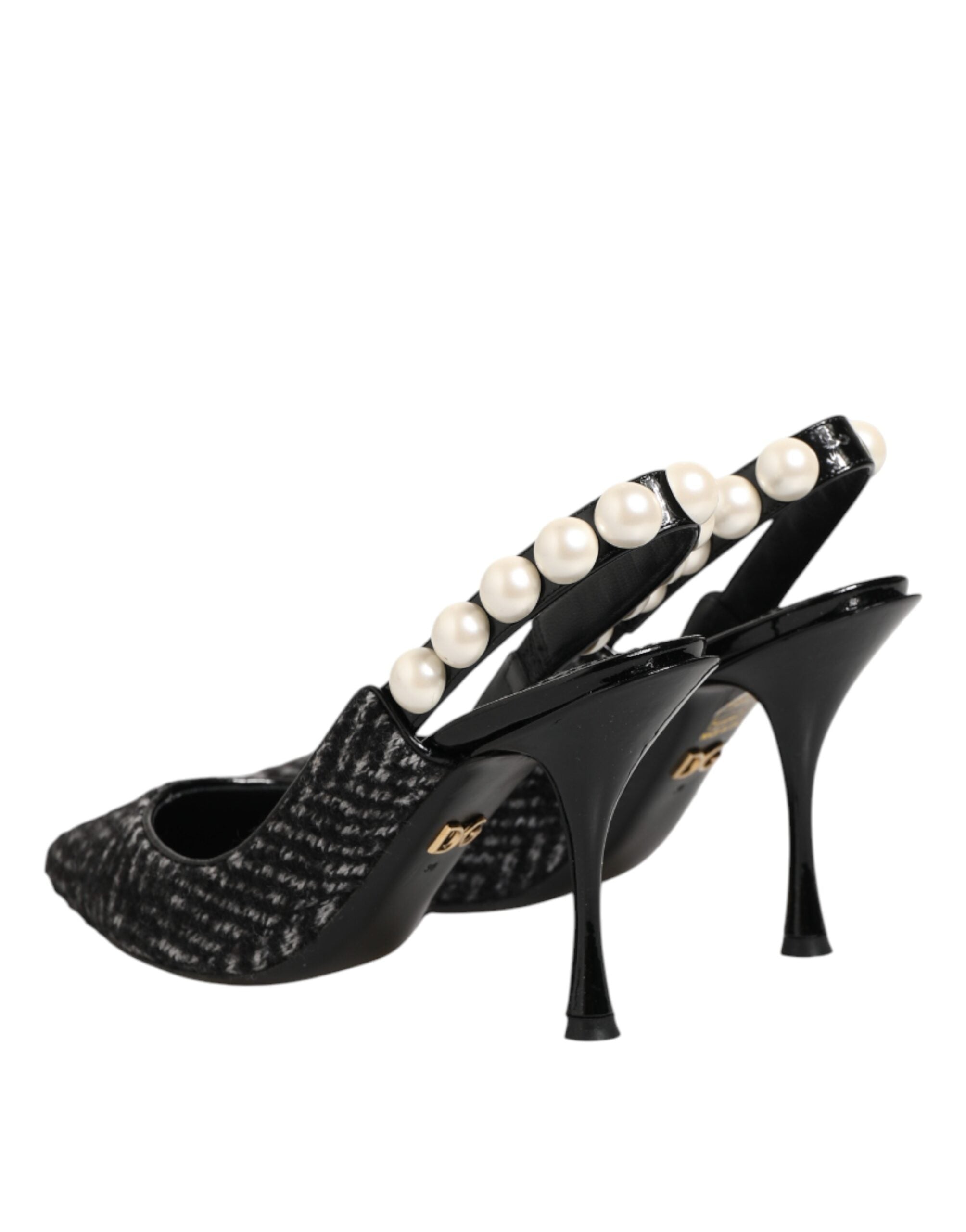 White Black Chevron Faux Pearl Slingbacks Shoes