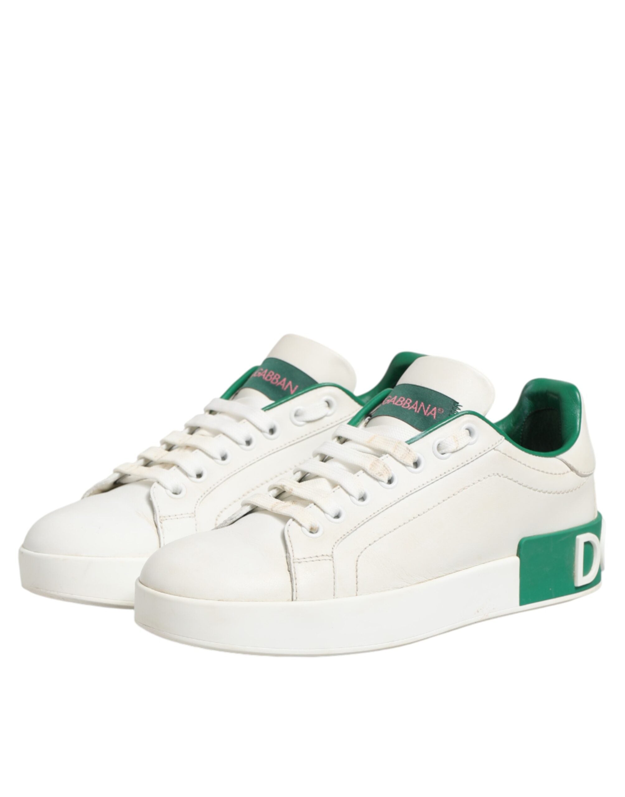 White Green Leather Low Top Sneakers Shoes