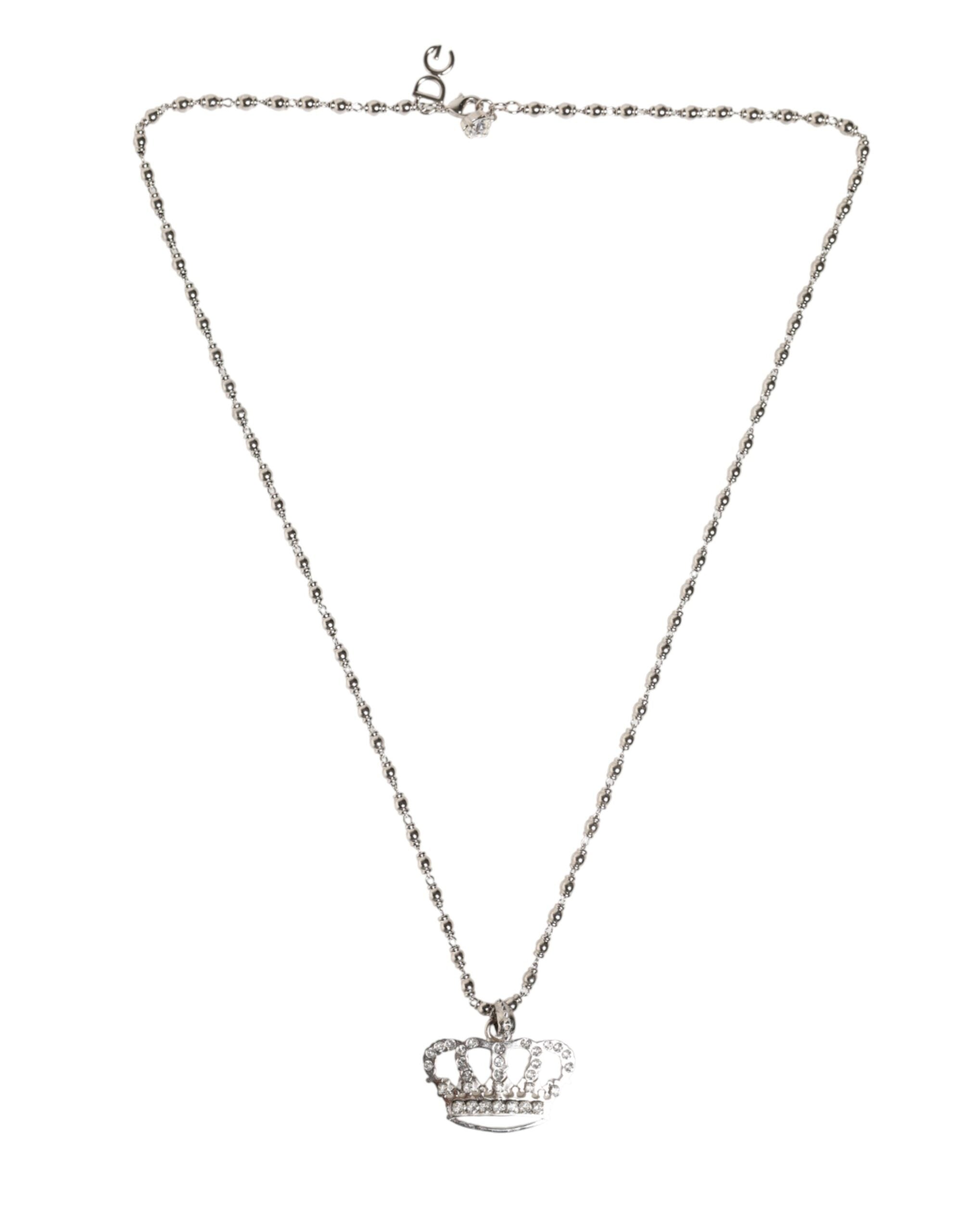Silver Tone Brass Chain Crown Crystal Pendant Necklace