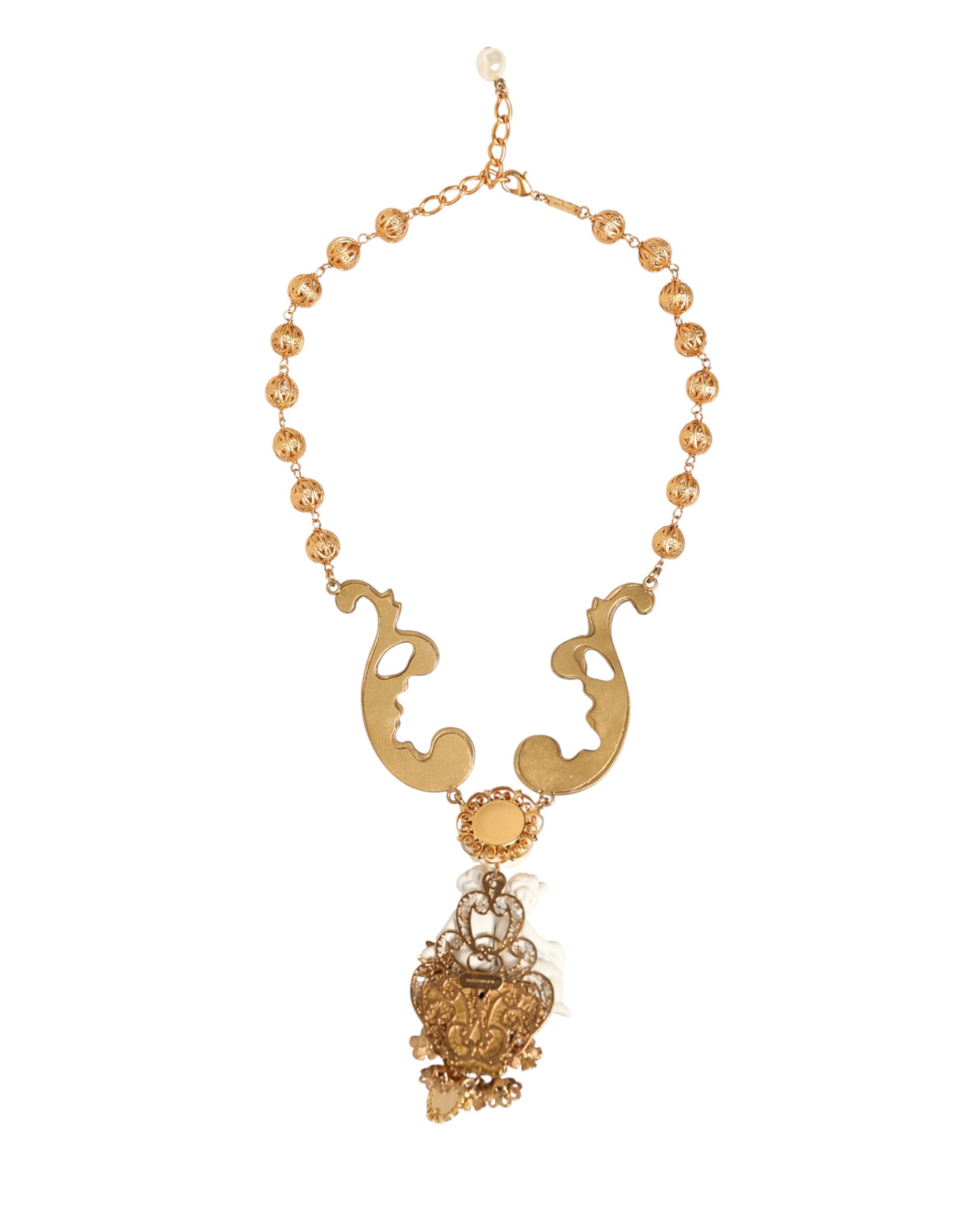 Gold Ceramic Crystal Cherub Baroque Pendant Necklace