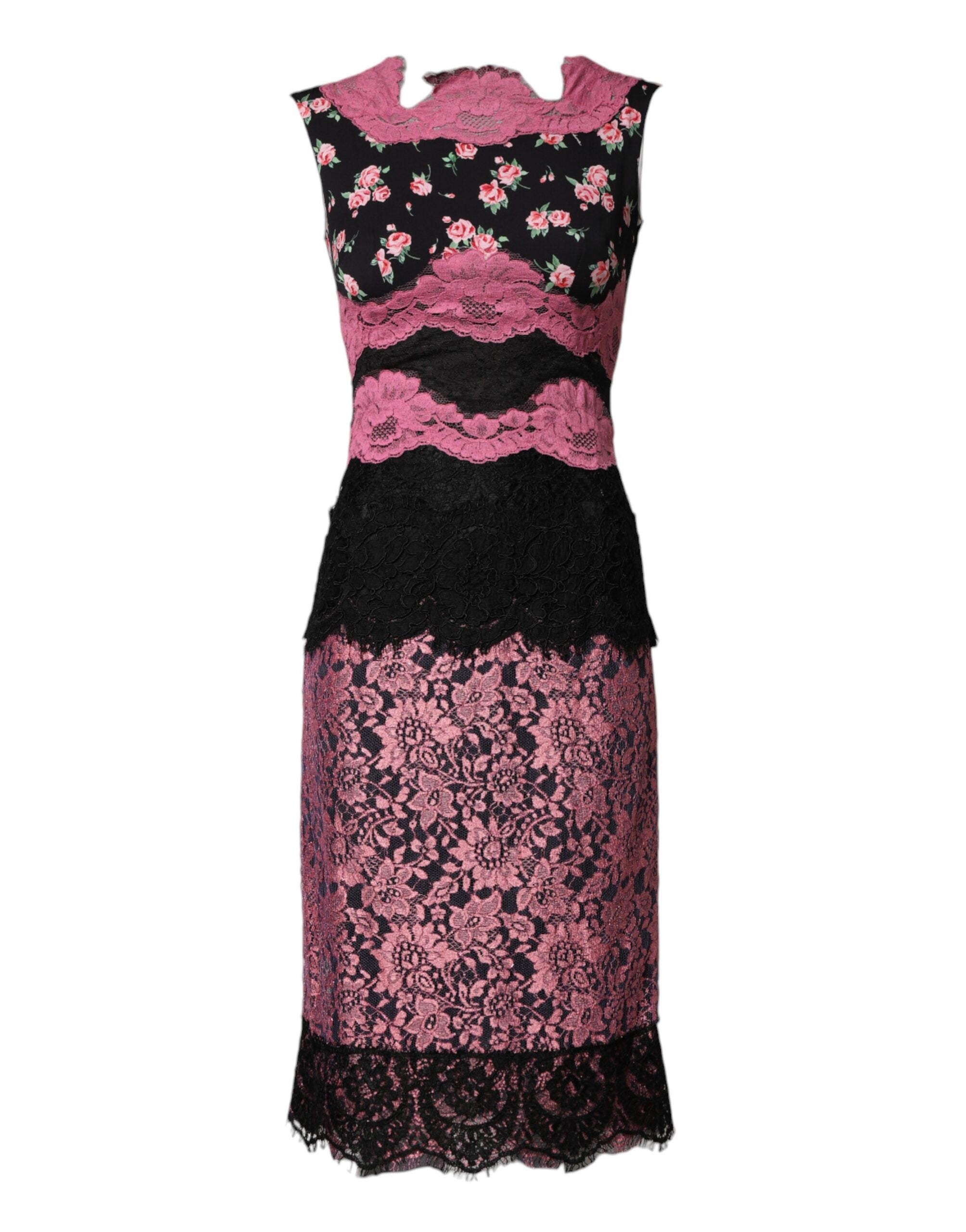 Black Pink Floral Lace Silk Sheath Dress