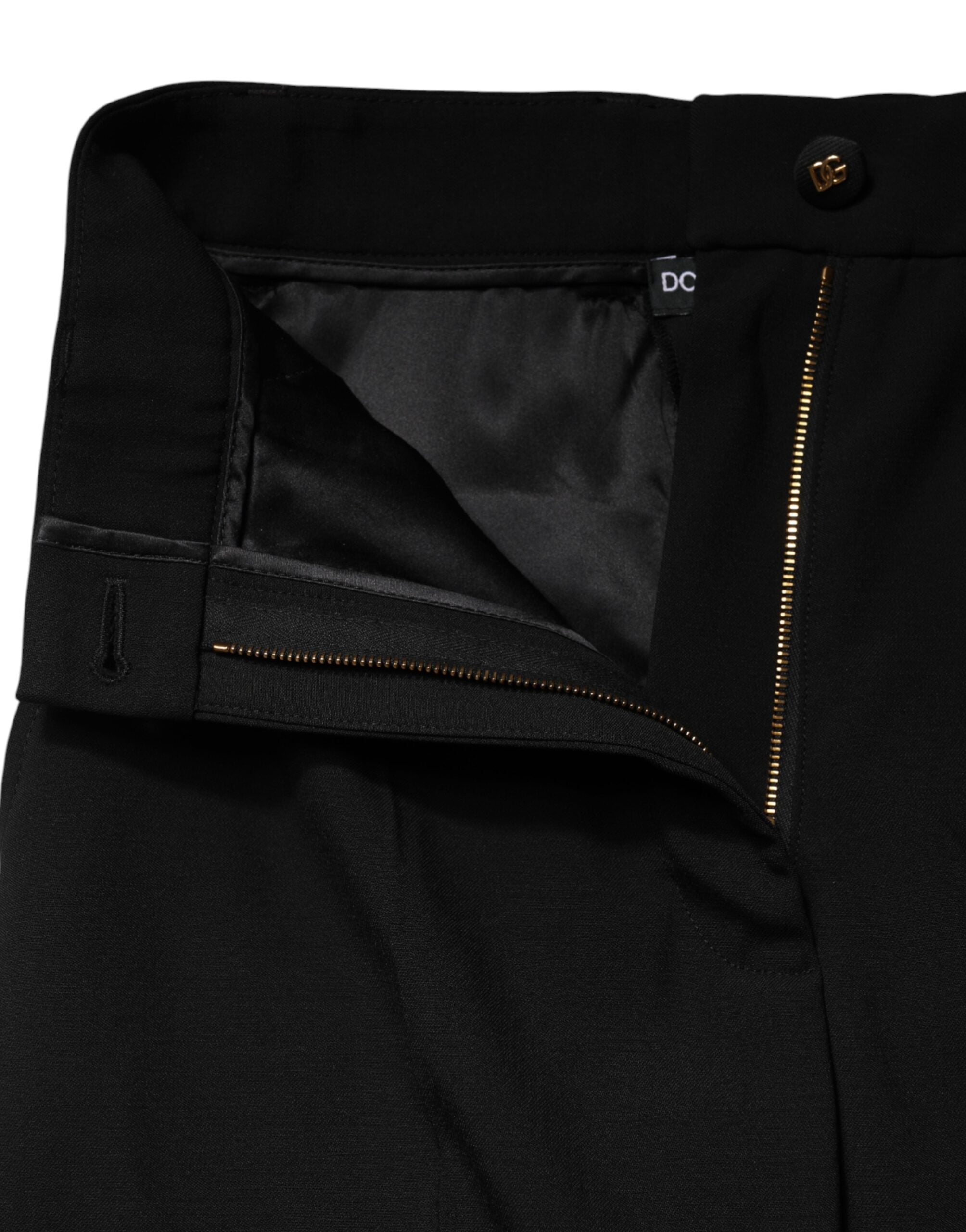 Black Wool Blend Straight High Waist Pants