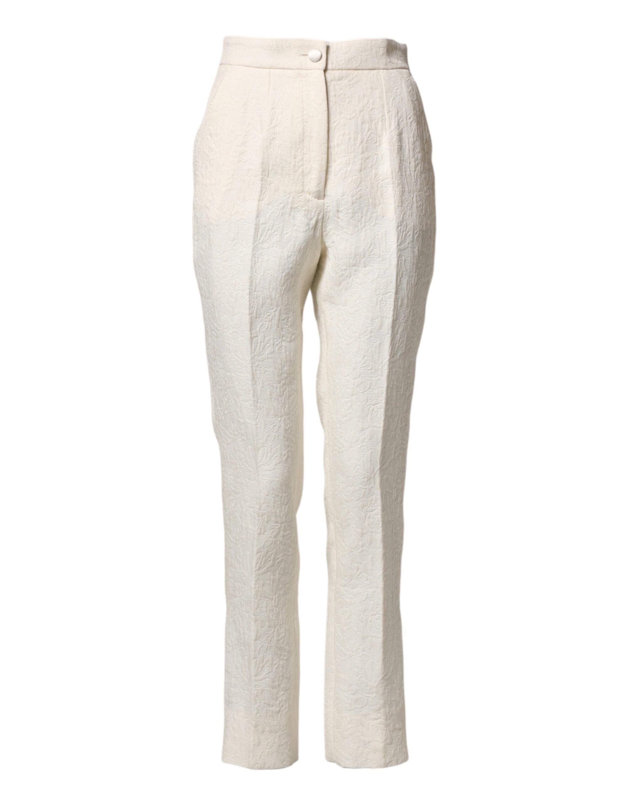 White Cotton Floral Brocade Dress Pants