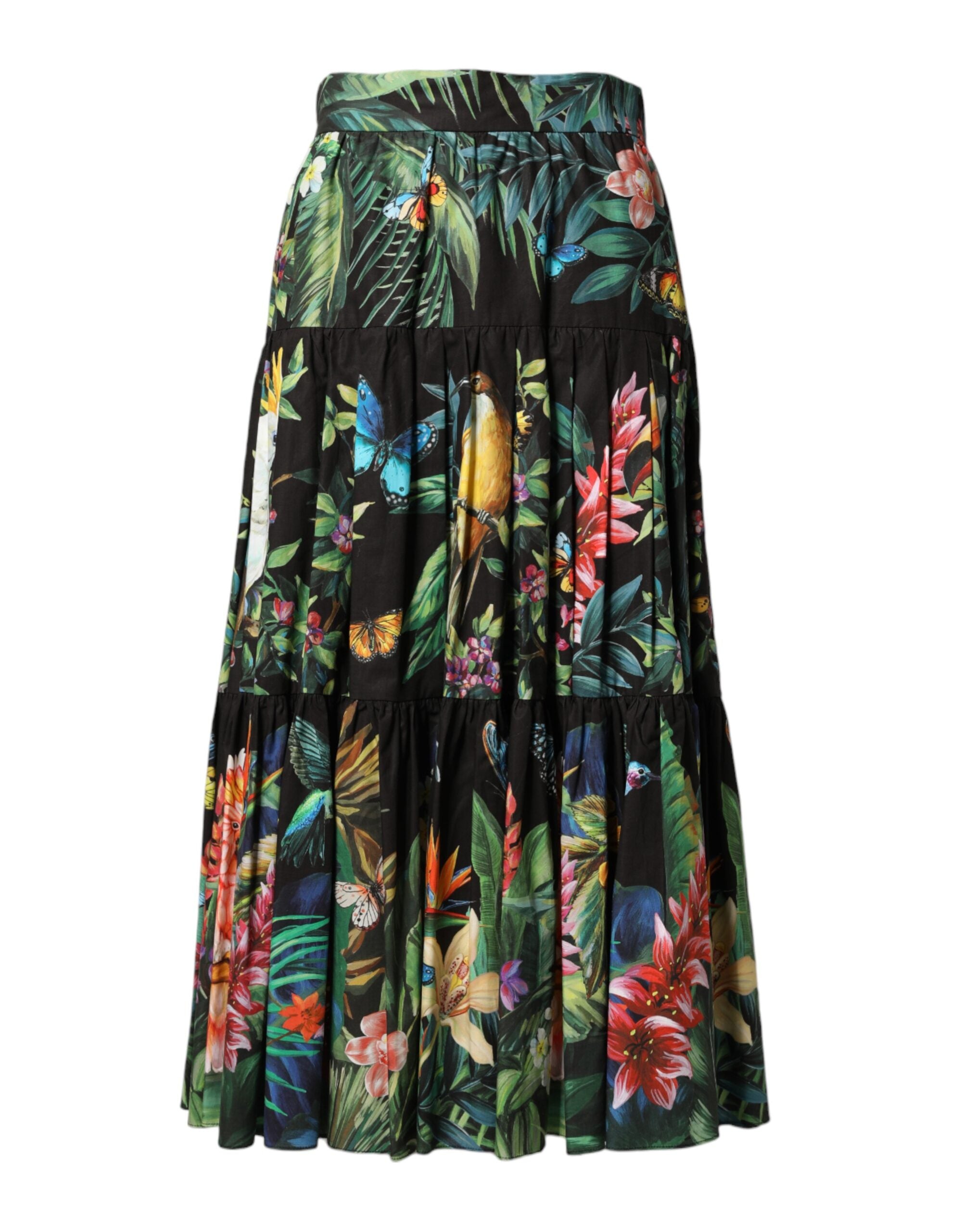 Black Cotton Floral High Waist Midi Skirt