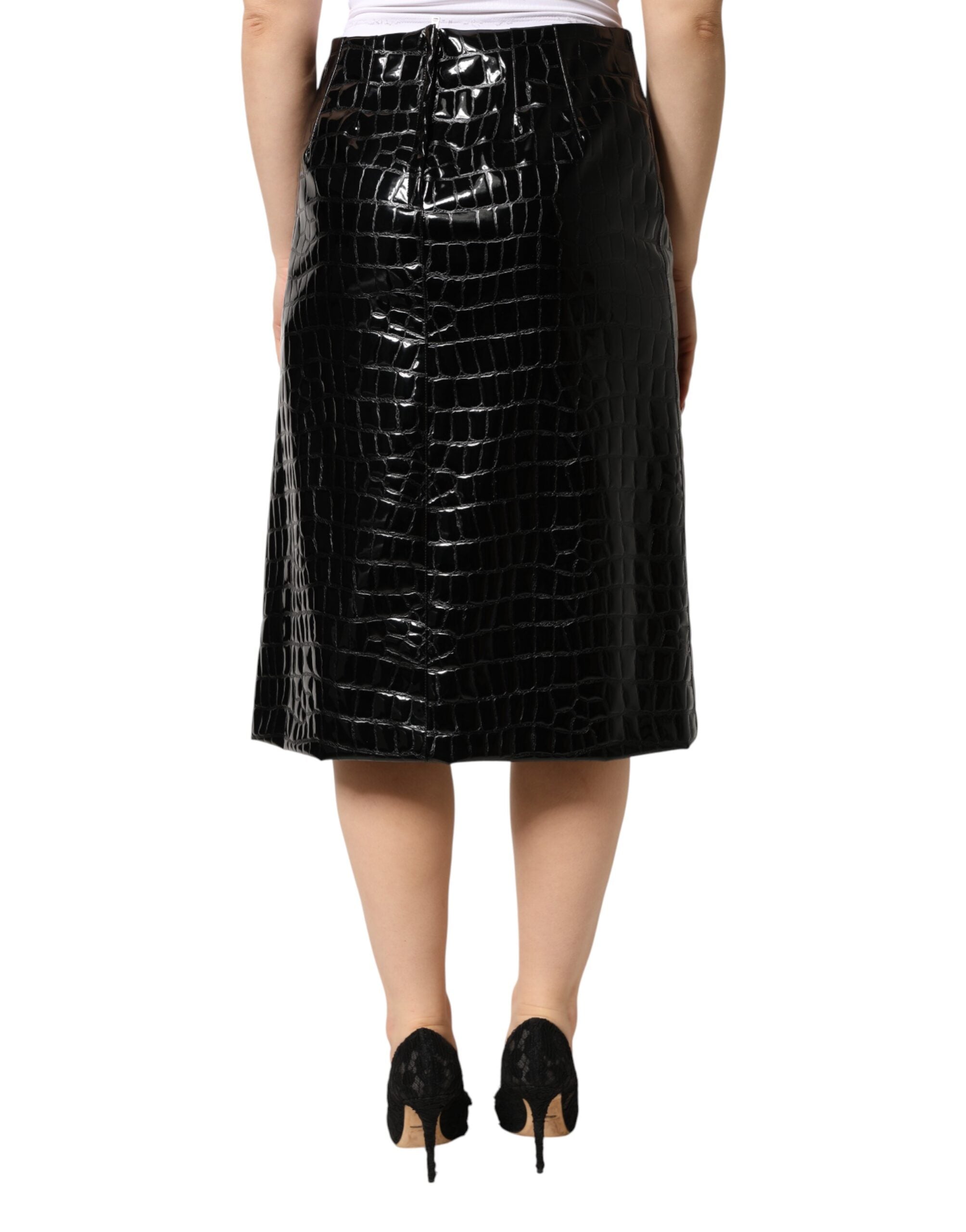 Black Croc Faux-Leather Mid Waist Midi Skirt