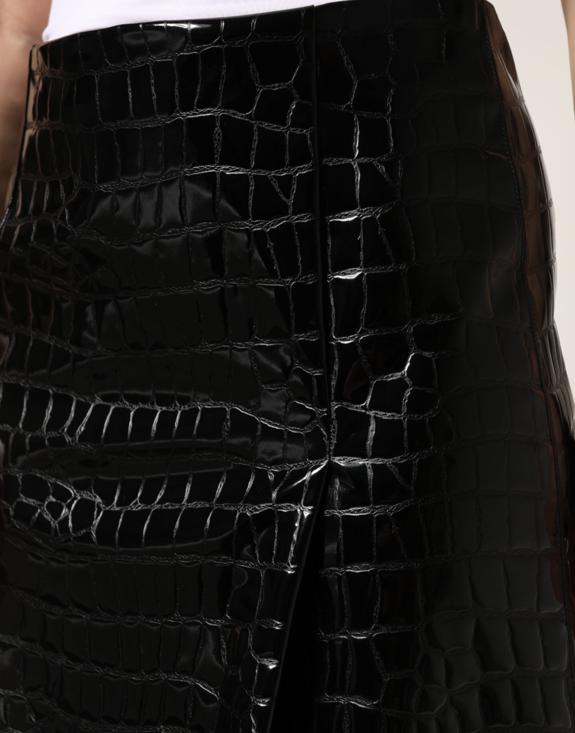 Black Croc Faux-Leather Mid Waist Midi Skirt