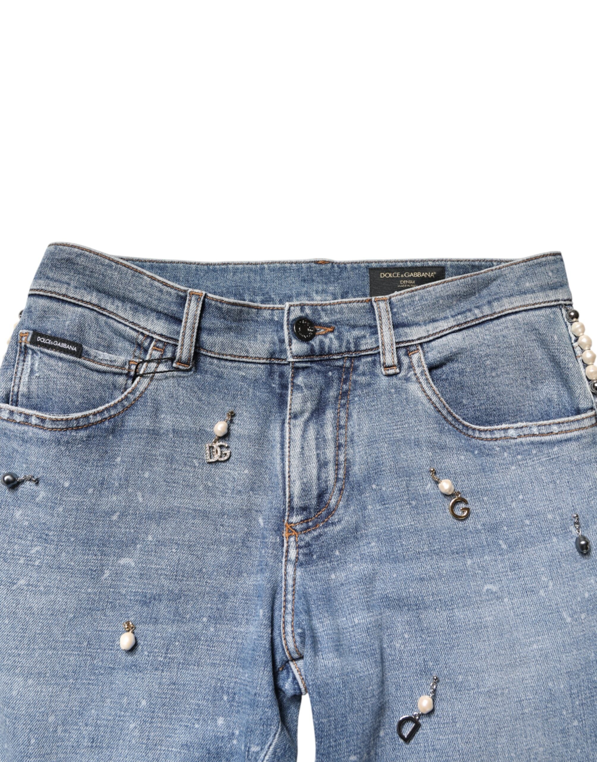 Blue Embellished Cotton Skinny Denim Jeans