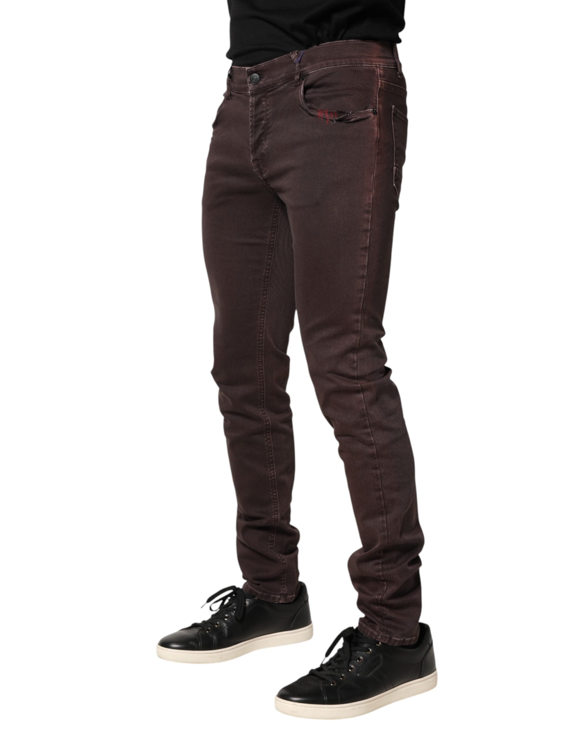 Brown Cotton Mid Waist Skinny Men Denim Jeans