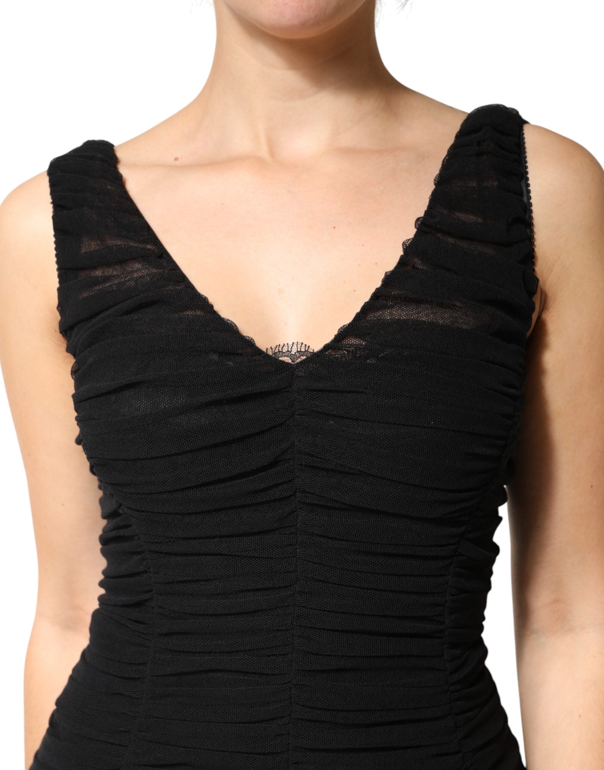 Black V-Neck Ruched Lace Hem Midi Dress