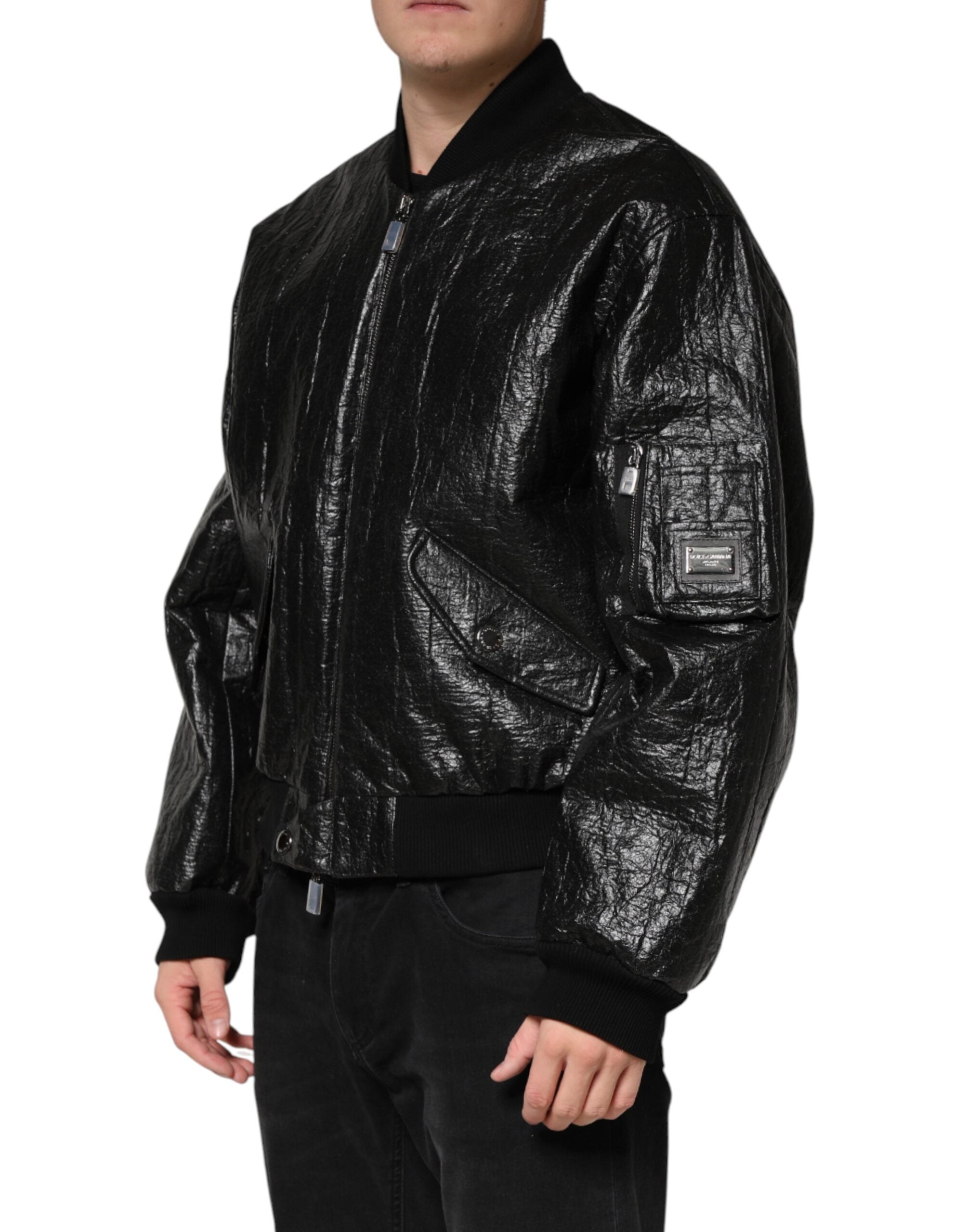 Black Cellulose Leather FullZip Biker Jacket