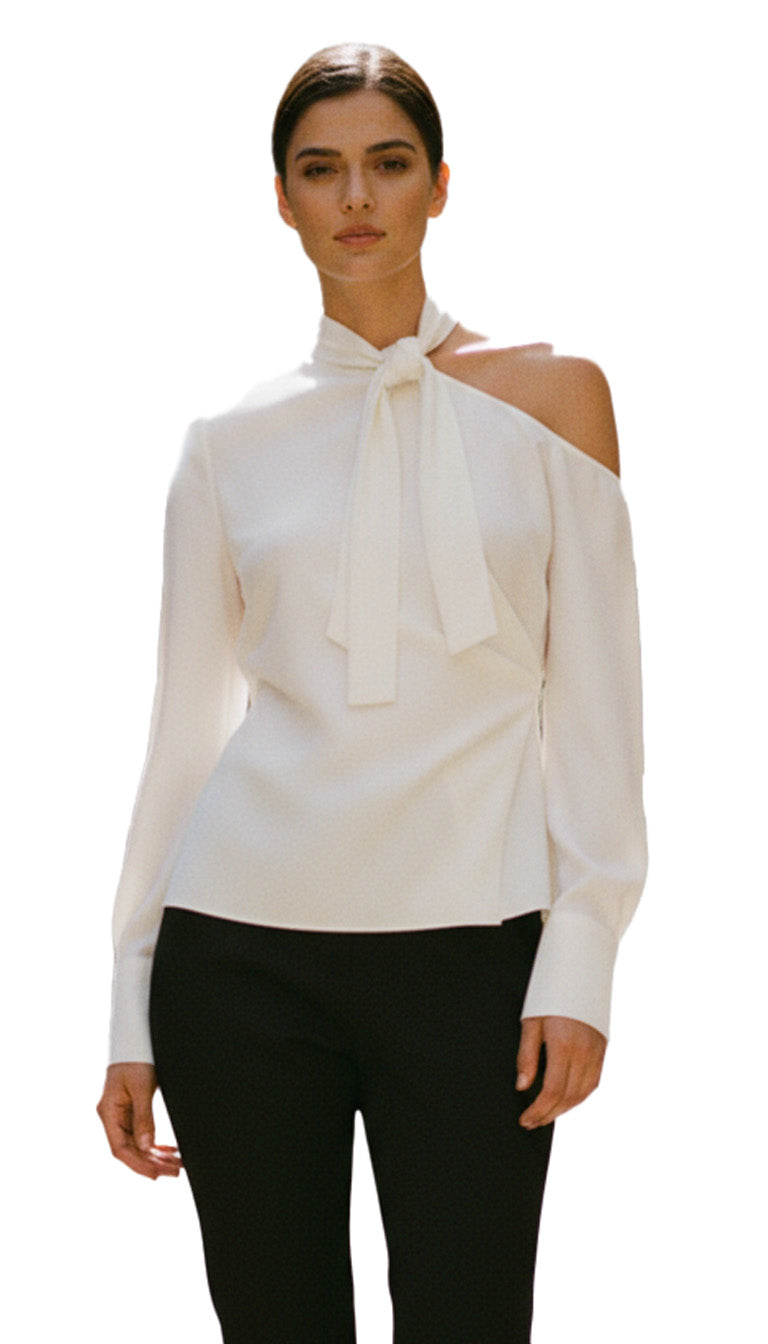 Beige Silk Ascot Collared Long Sleeves Top