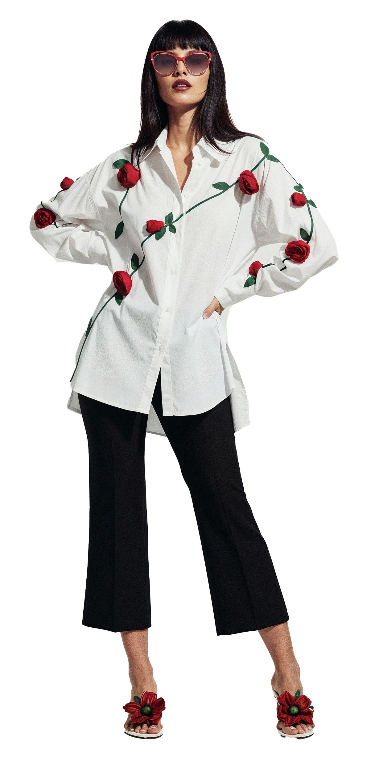 White Cotton Floral Appliques Dress Shirt Top