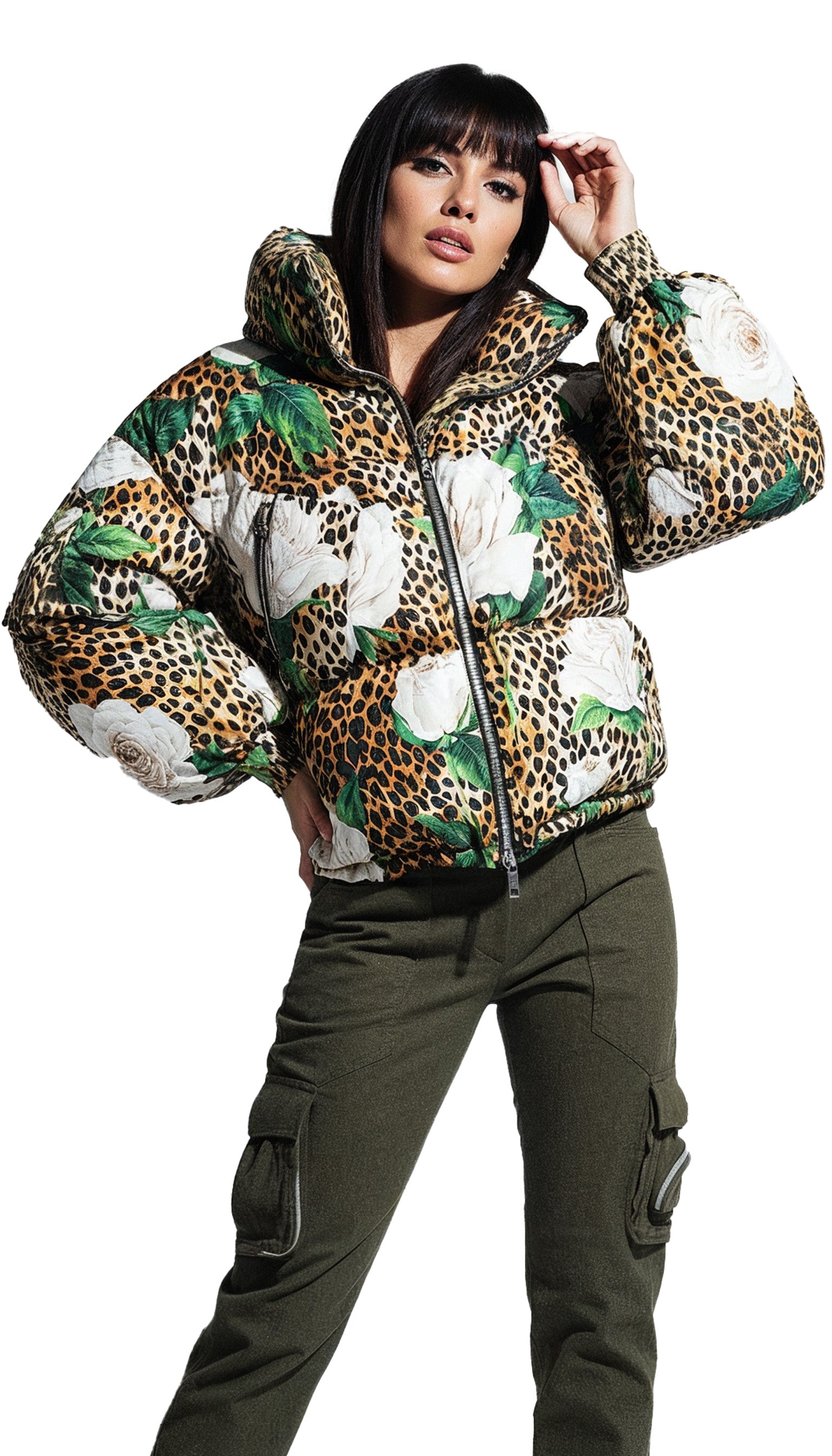Multicolor Leopard Rose Puffer Quilted Jacket