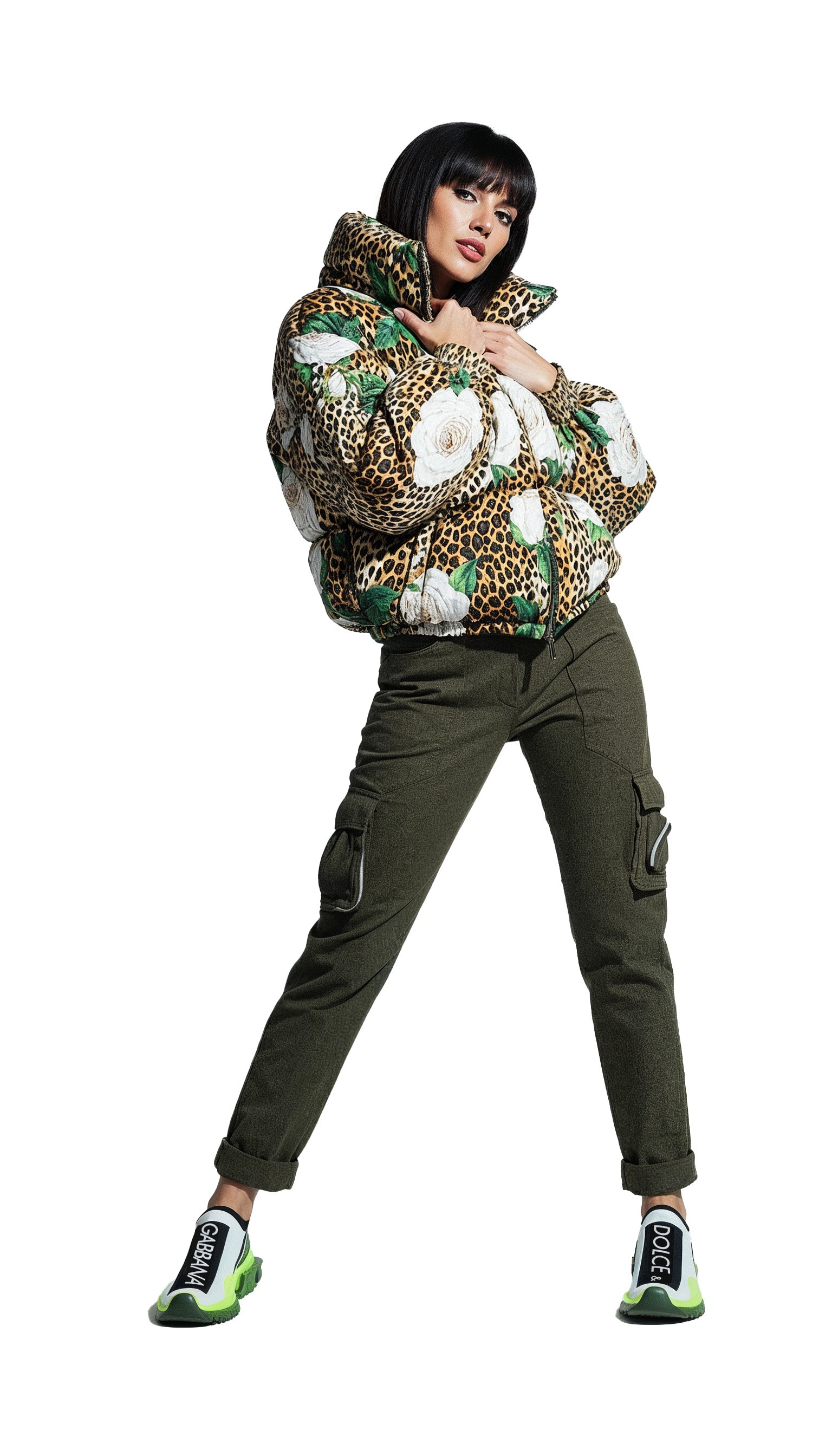 Multicolor Leopard Rose Puffer Quilted Jacket