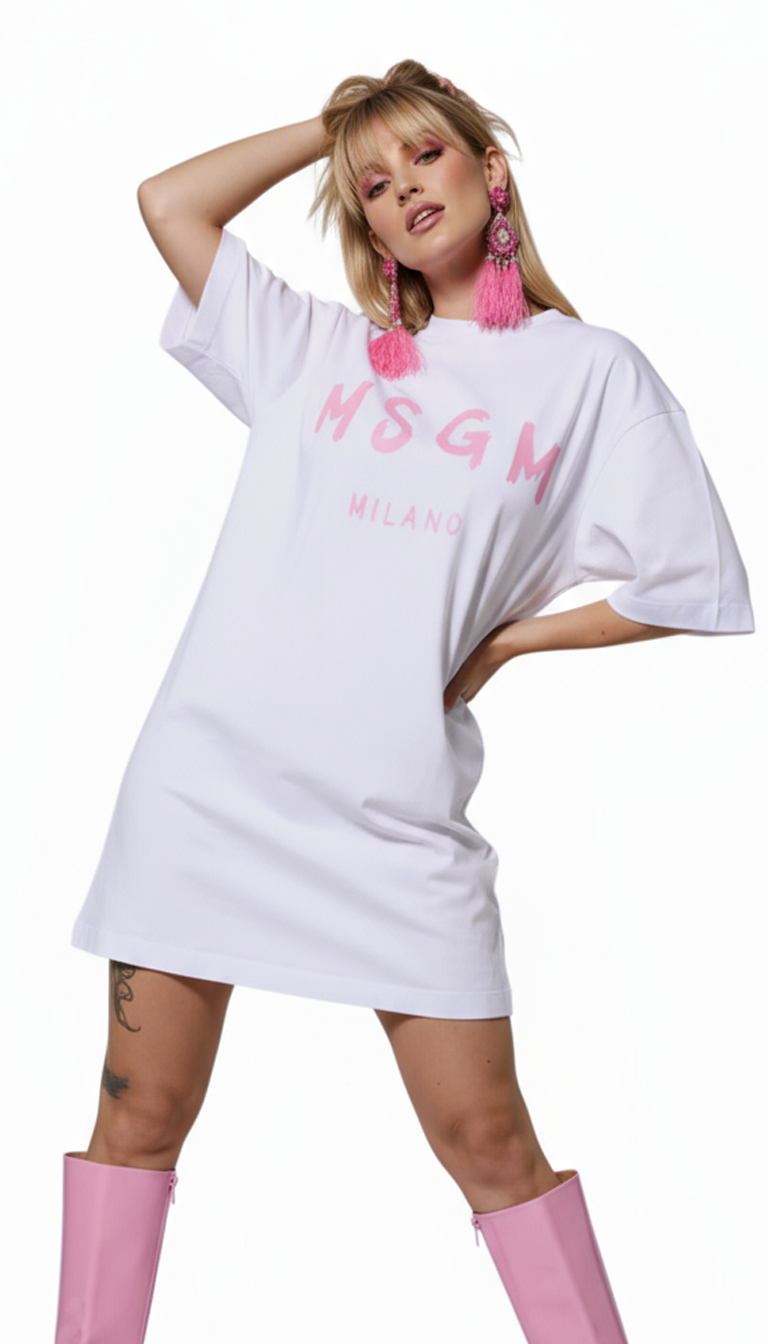 White Logo Print Cotton T-shirt Short Sleeves Mini Dress