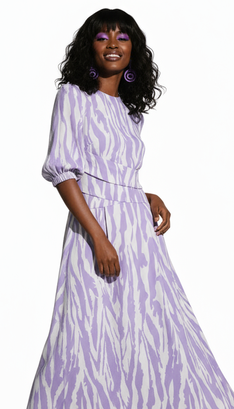 White Purple Patterned Viscose Short Sleeves Maxi Dress