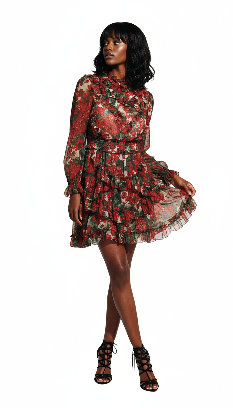 Multicolor Red Floral Silk Long Maxi Dress