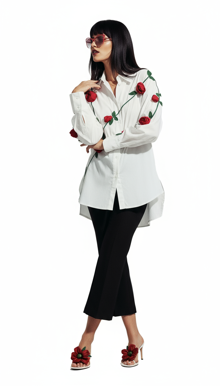 White Cotton Floral Appliques Dress Shirt Top