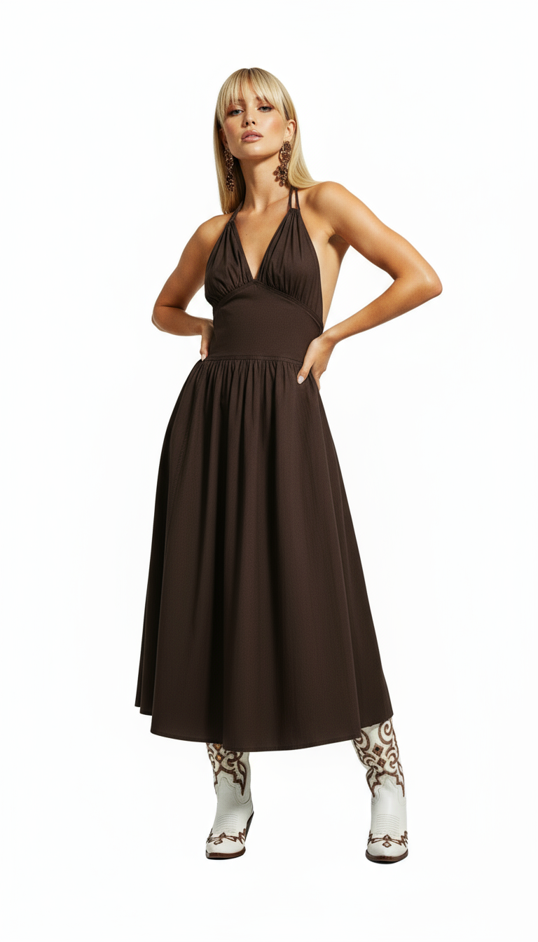Brown Cotton Long Dress