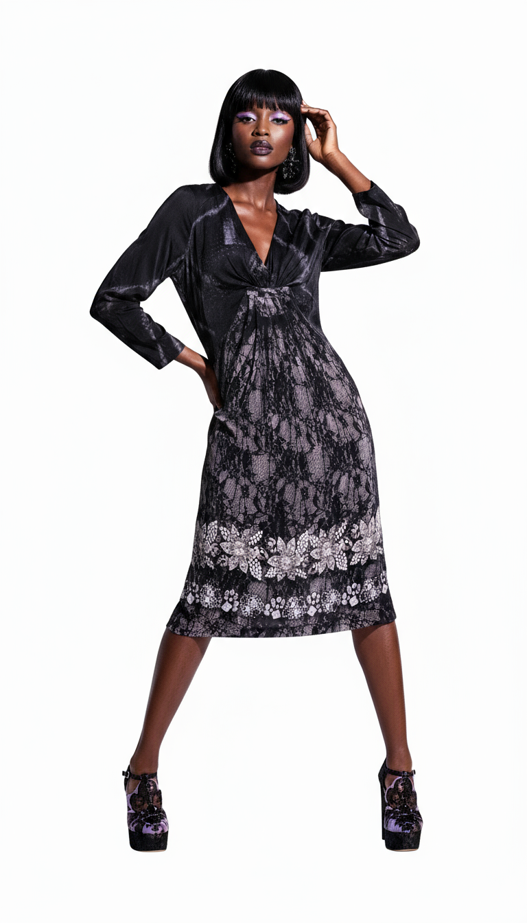 Black Floral Viscose Sheath Midi Dress