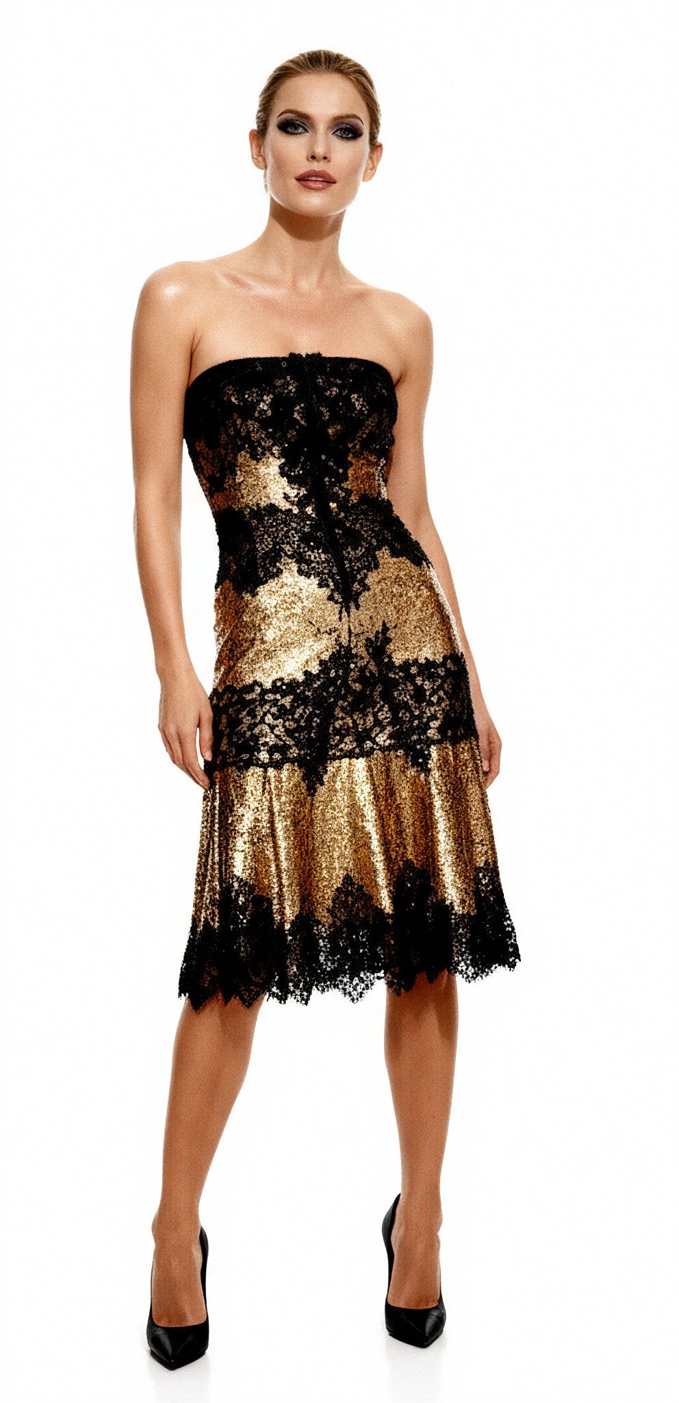 Gold Strapless Sequin Embellished Lace Dress