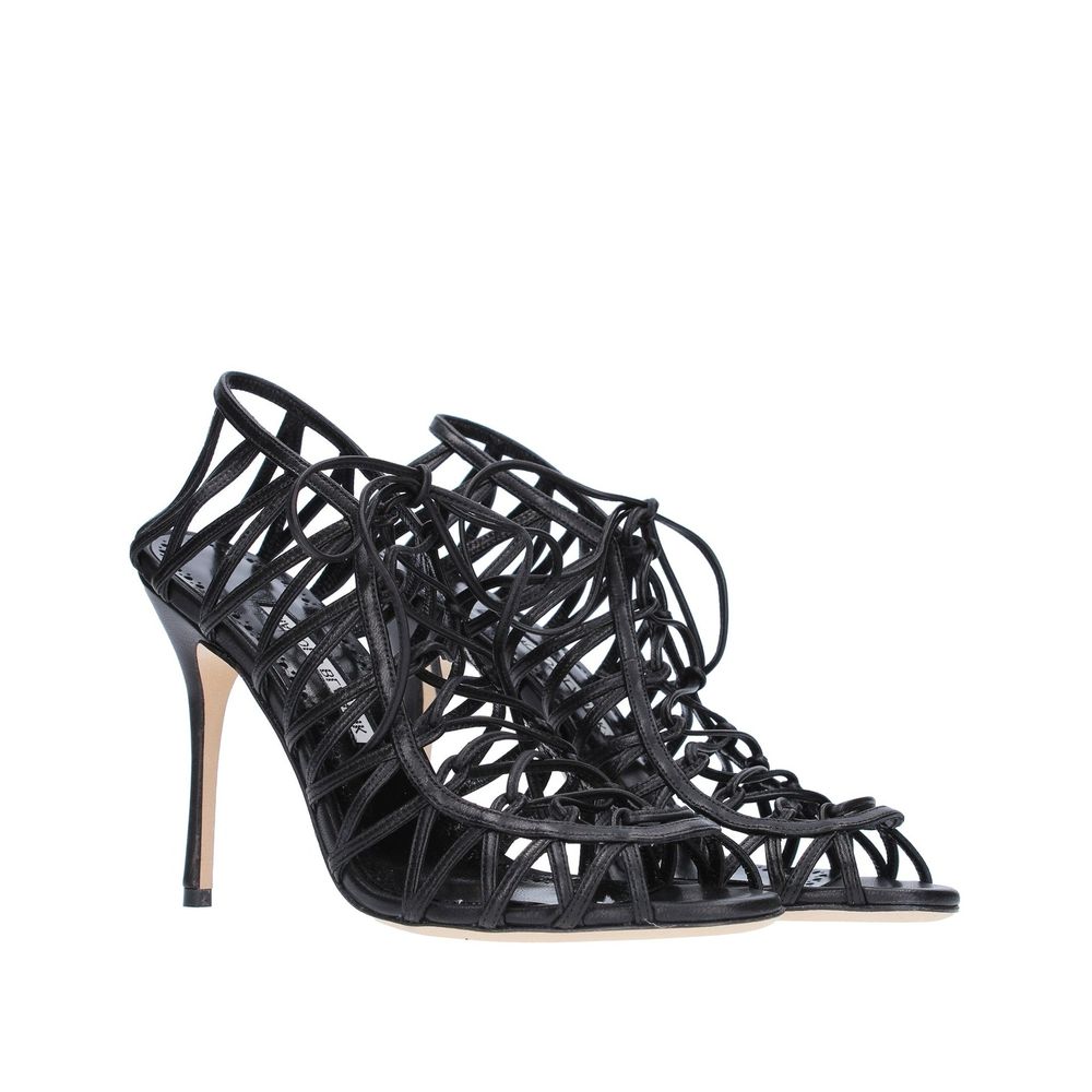 Black Leather Stiletto Heel Sandals