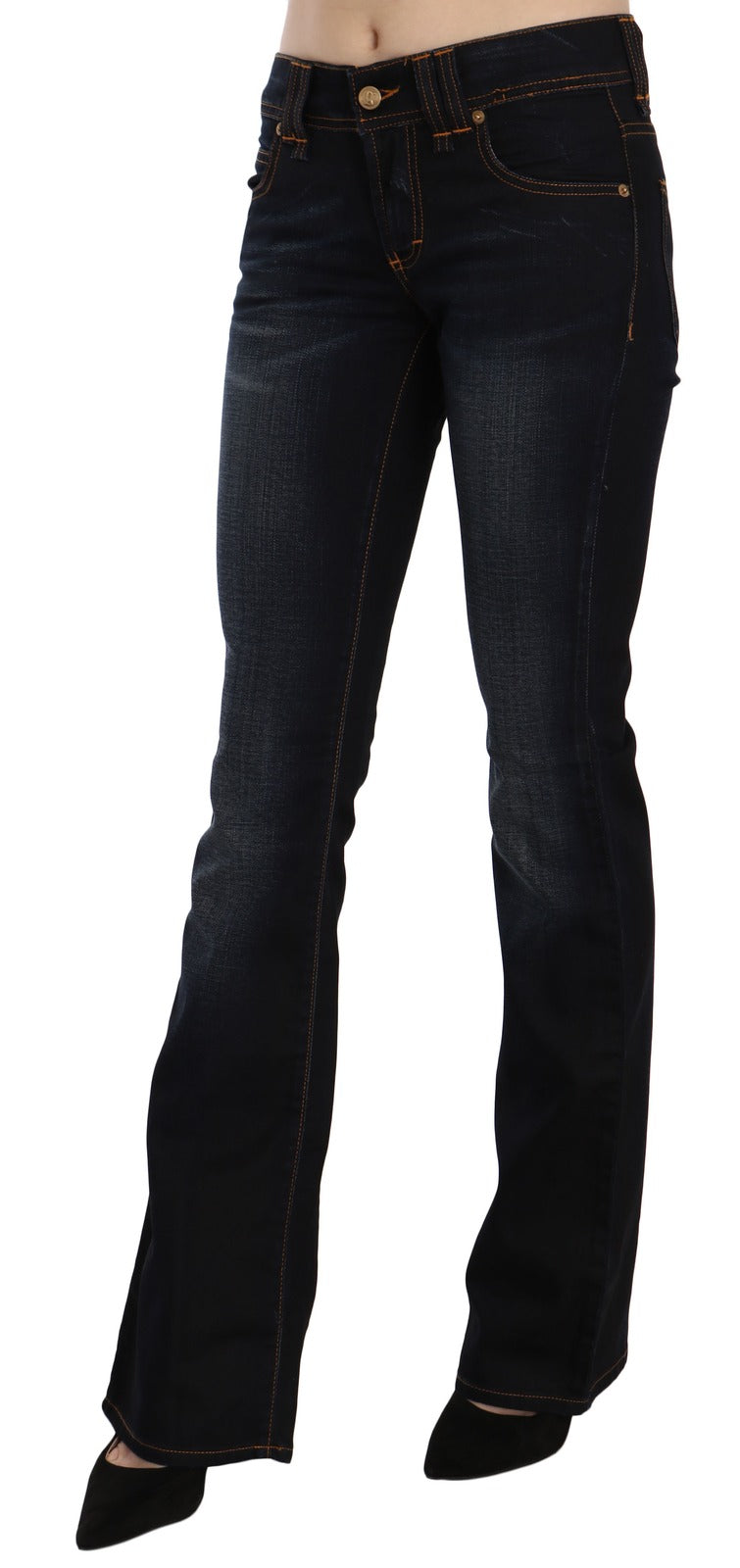 Blue Washed Mid Waist Regular Leg Boot Cut Denim Jeans