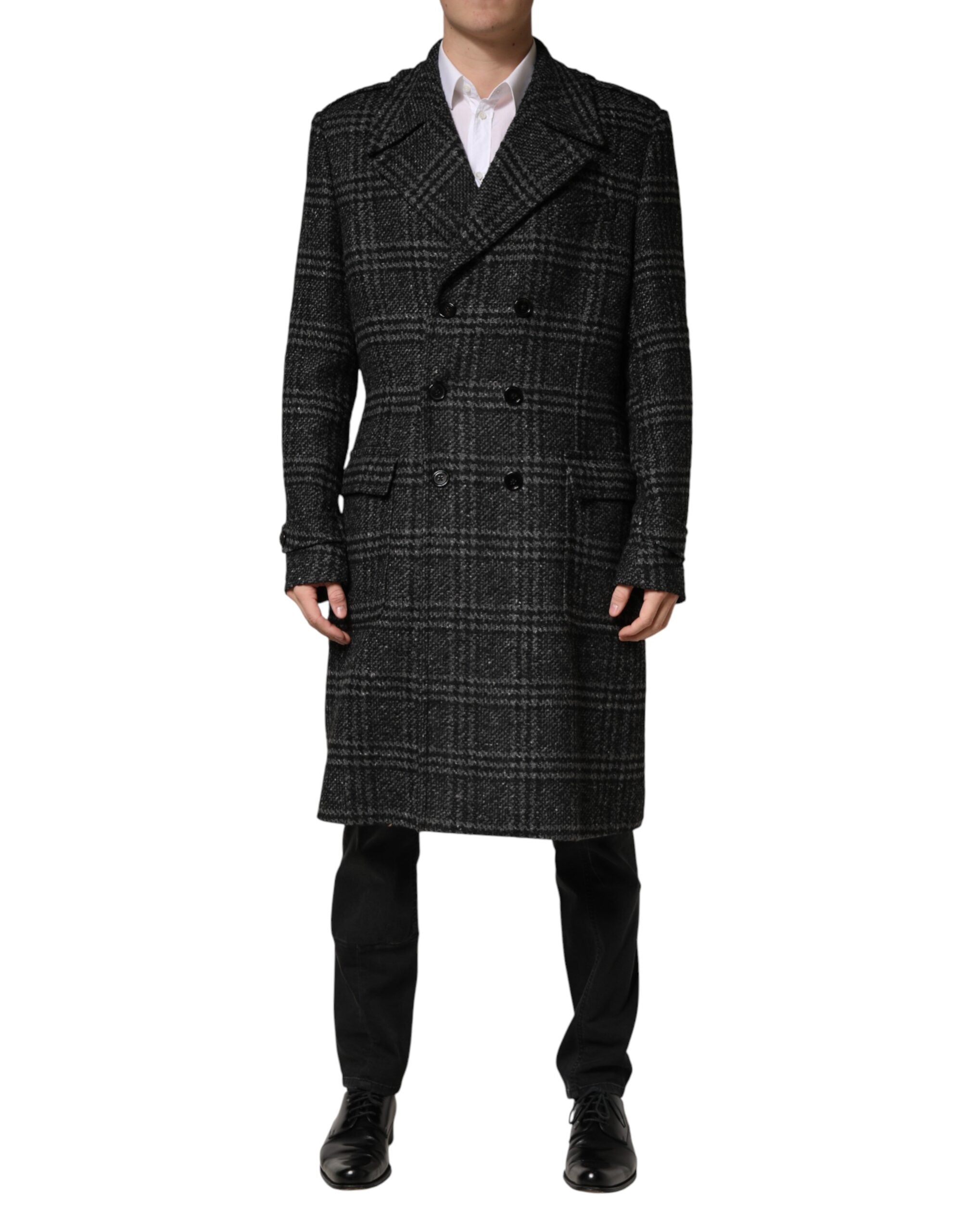 Grey Double Breasted Plaid Wool Coat Jacket