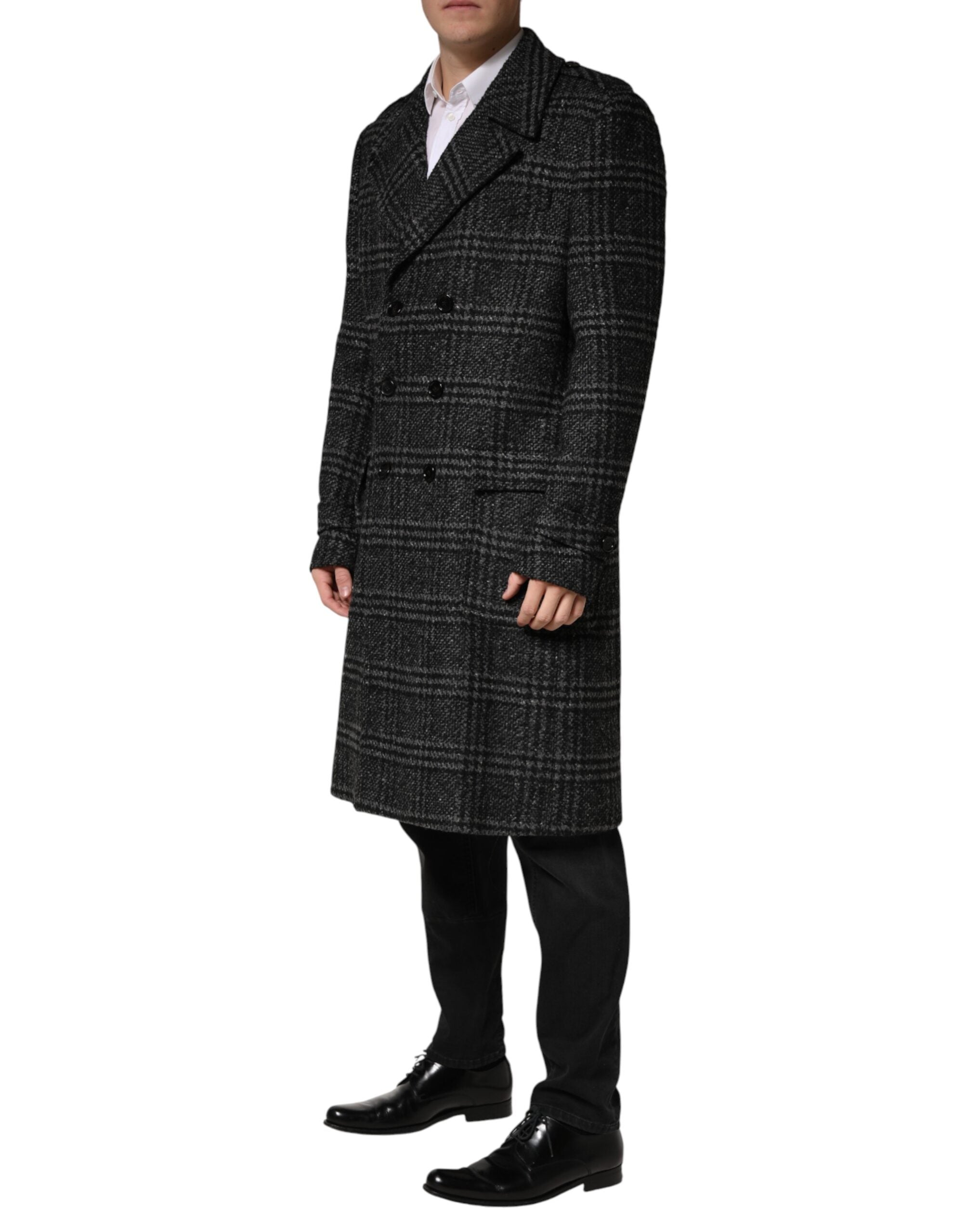 Grey Double Breasted Plaid Wool Coat Jacket