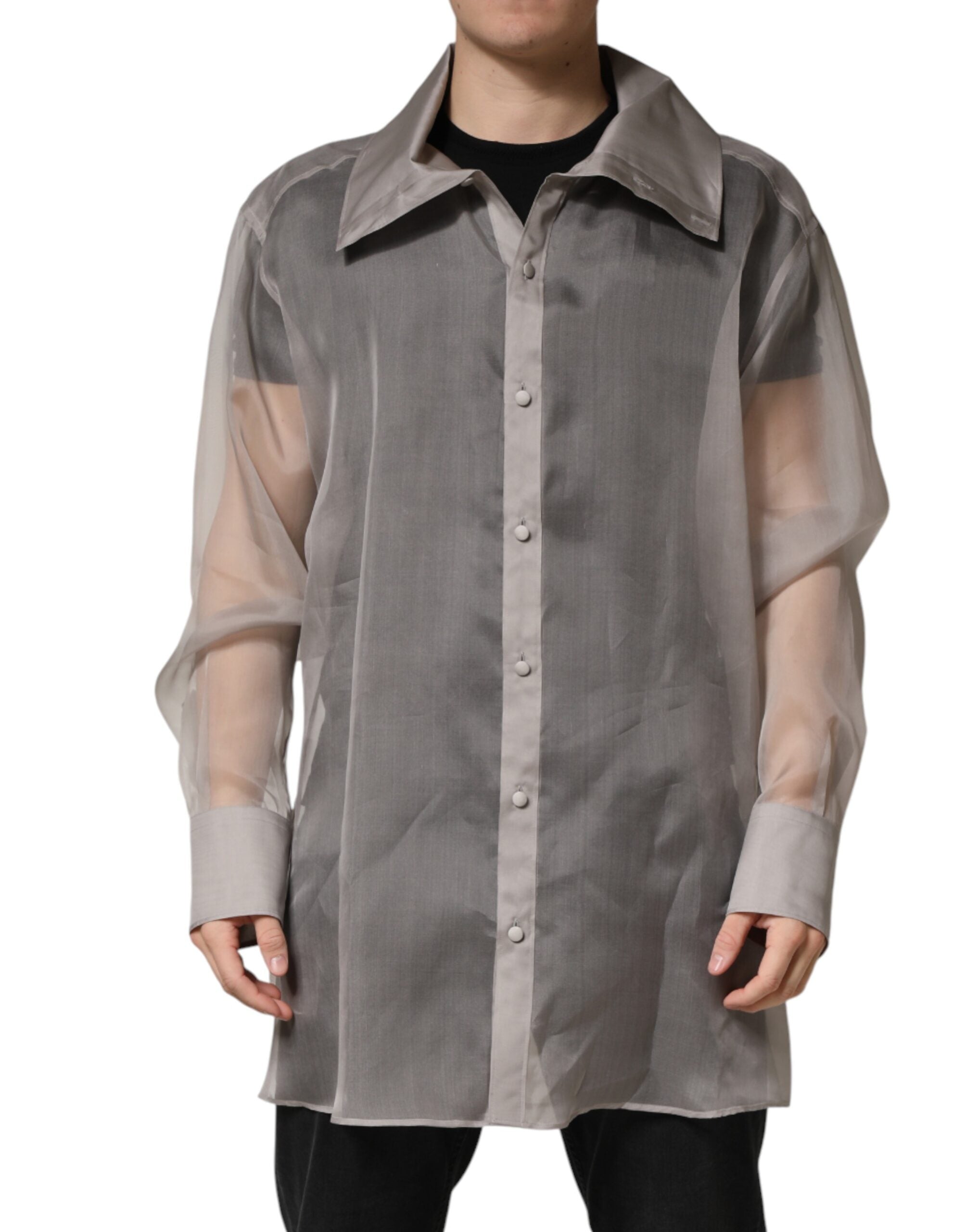 Gray Sheer Silk Button Front Men Dress Shirt