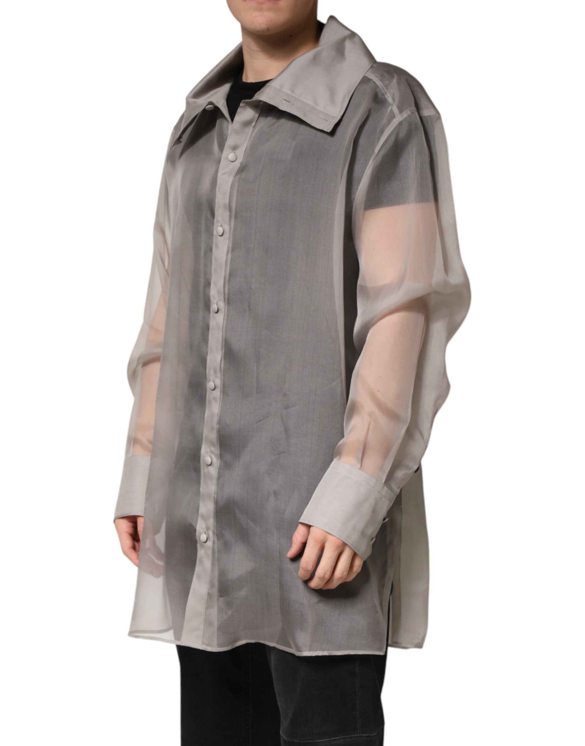 Gray Sheer Silk Button Front Men Dress Shirt