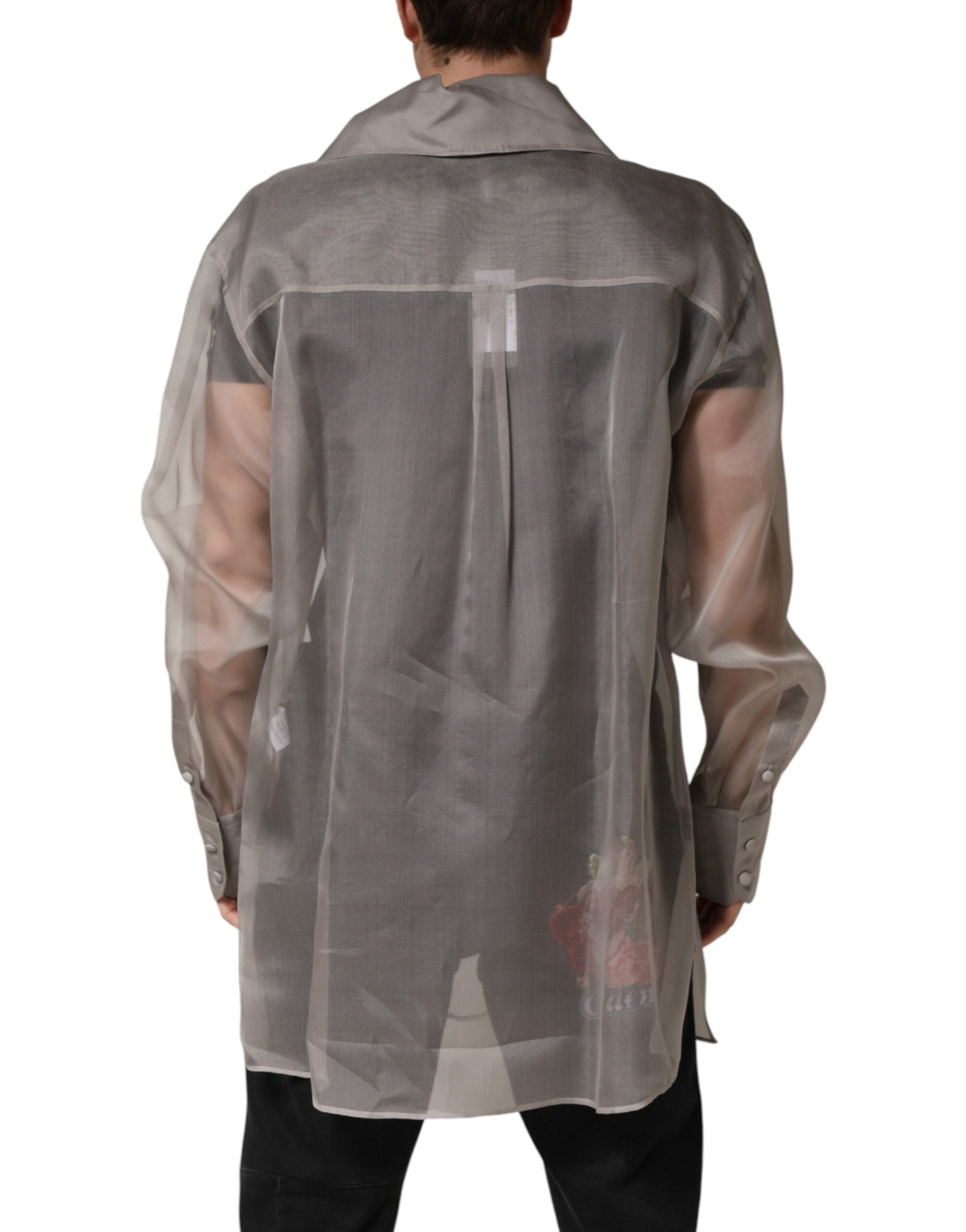 Gray Sheer Silk Button Front Men Dress Shirt