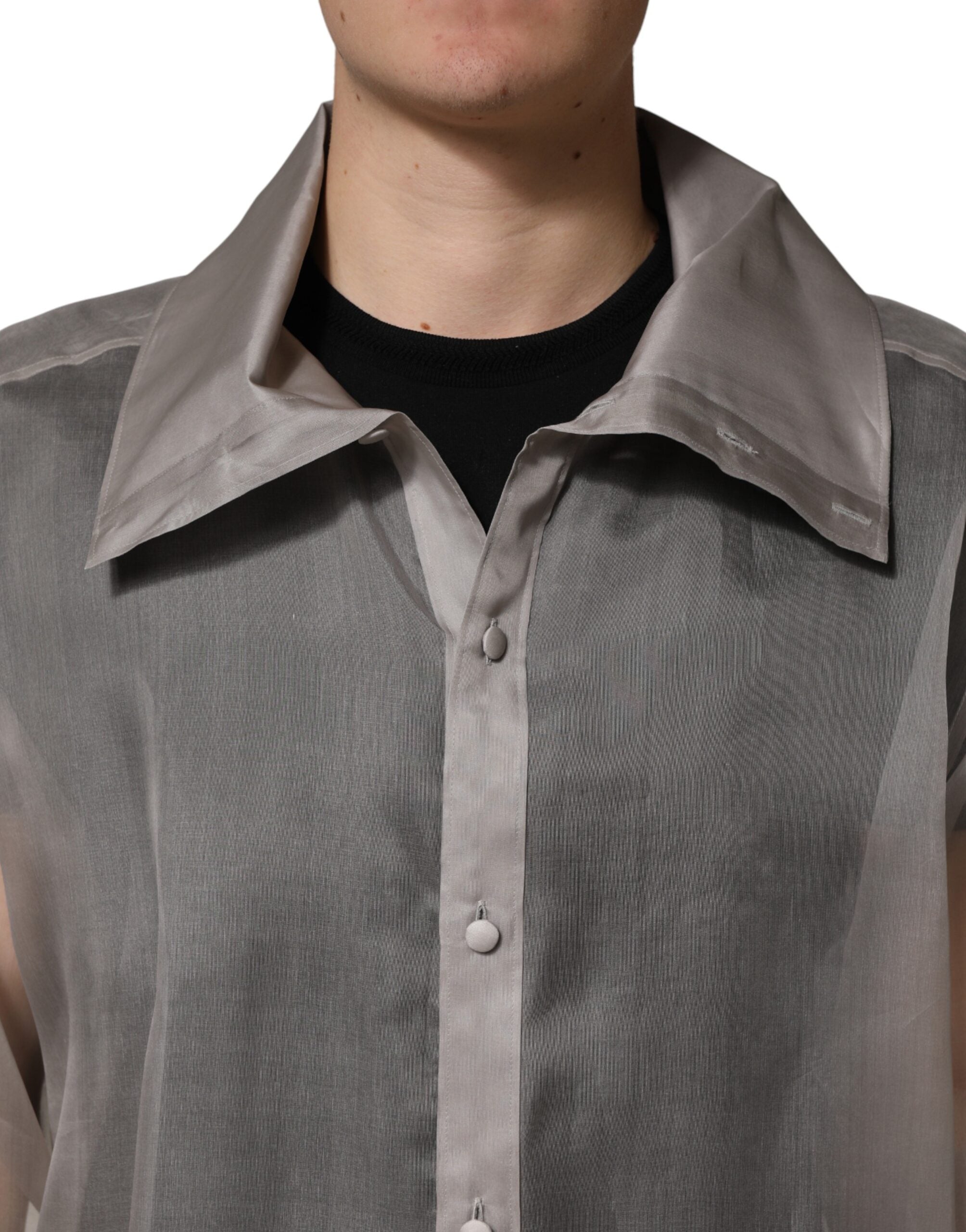 Gray Sheer Silk Button Front Men Dress Shirt