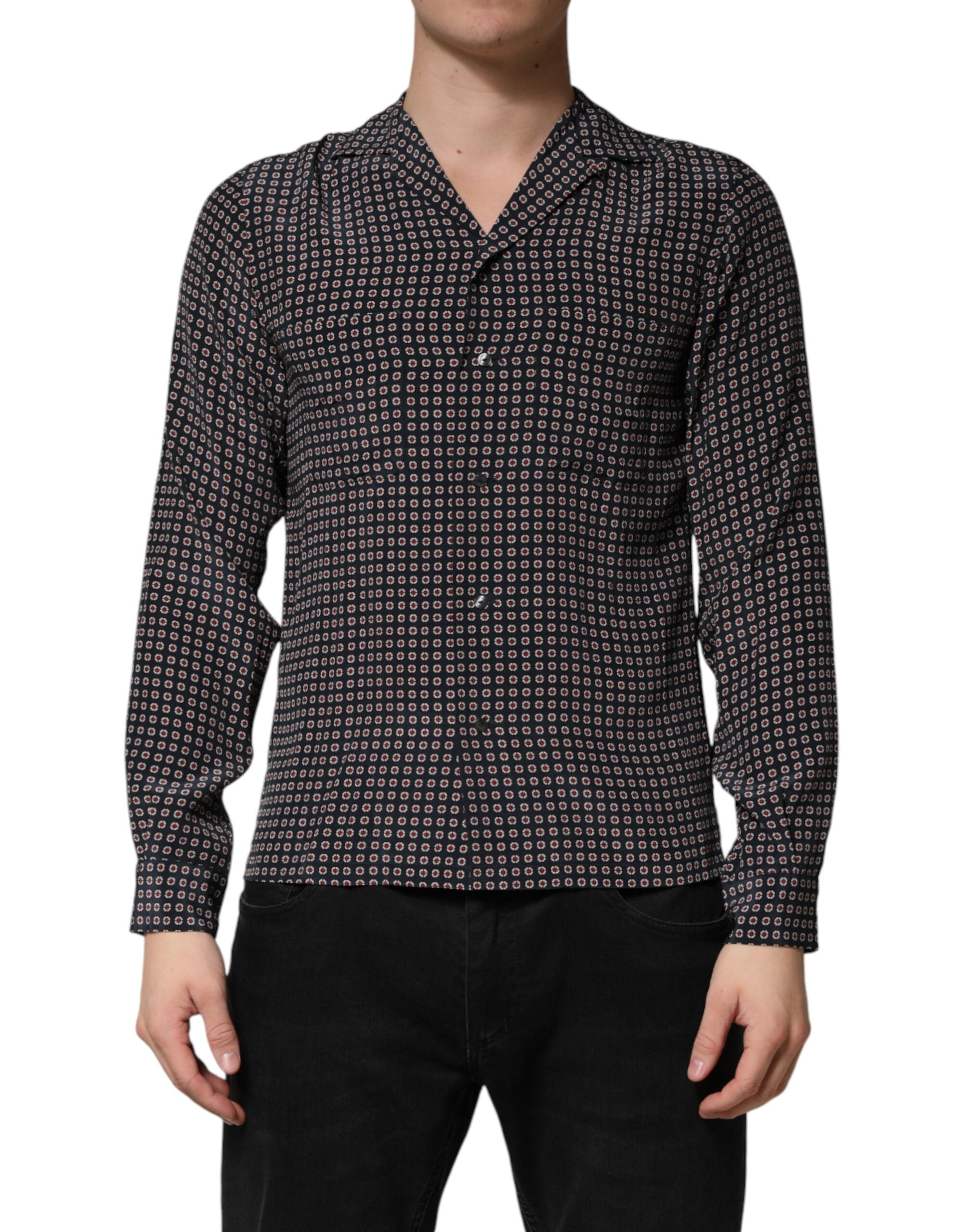 Black Patterned Silk Men Button Down Shirt