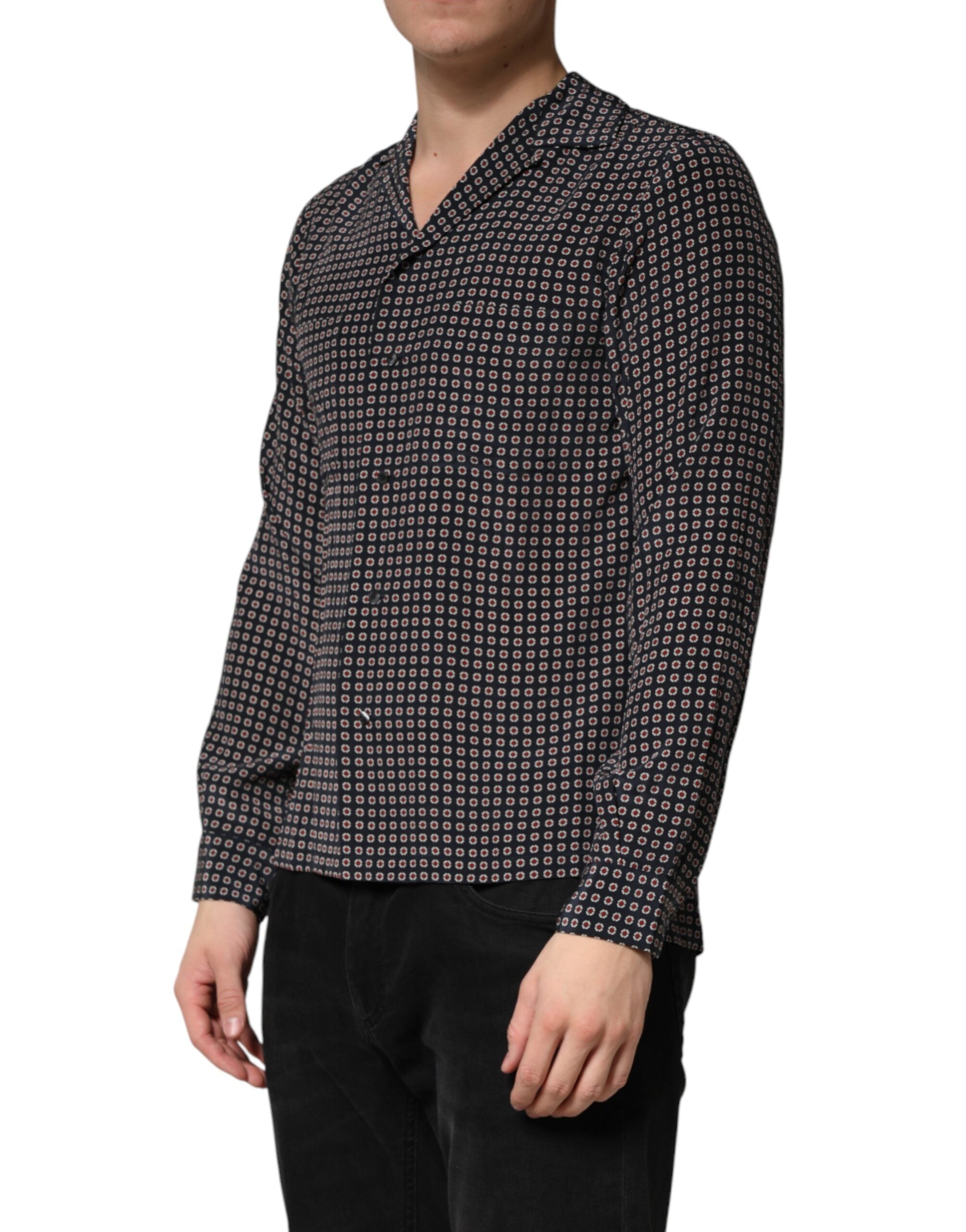 Black Patterned Silk Men Button Down Shirt