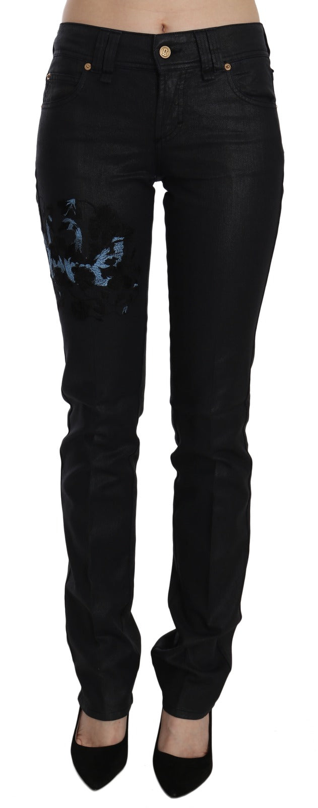 Black Swan Floral Embroidered Mid Waist Skinny Denim Jeans