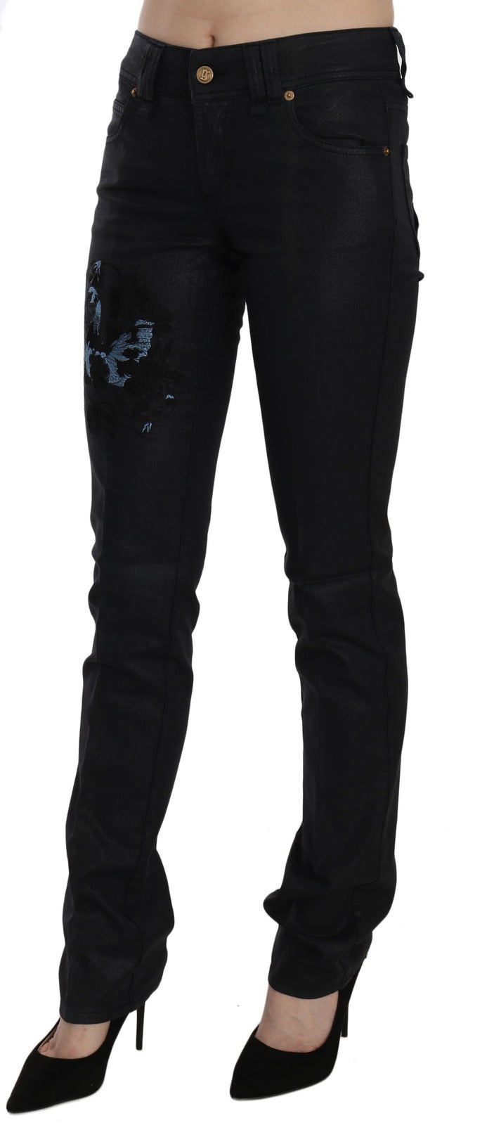 Black Swan Floral Embroidered Mid Waist Skinny Denim Jeans