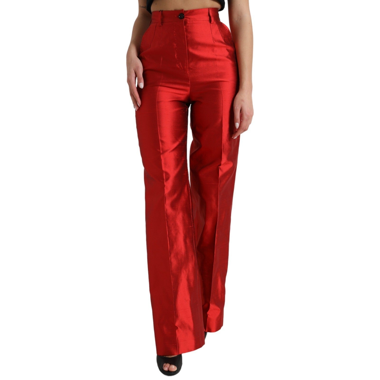 Red Satin Silk High Waist Wide Leg Pants