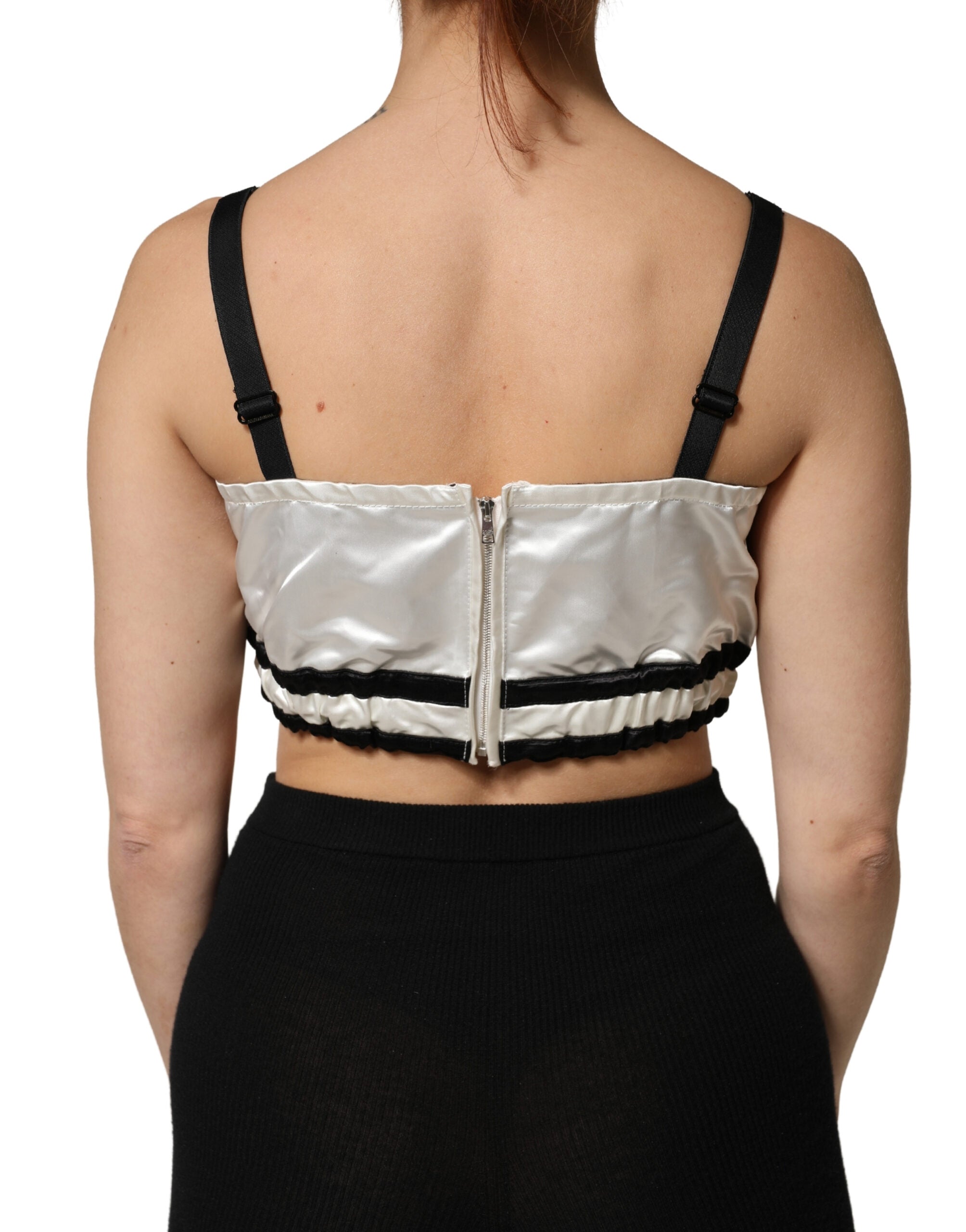White Silk Satin Crop Black Logo Bralette Top