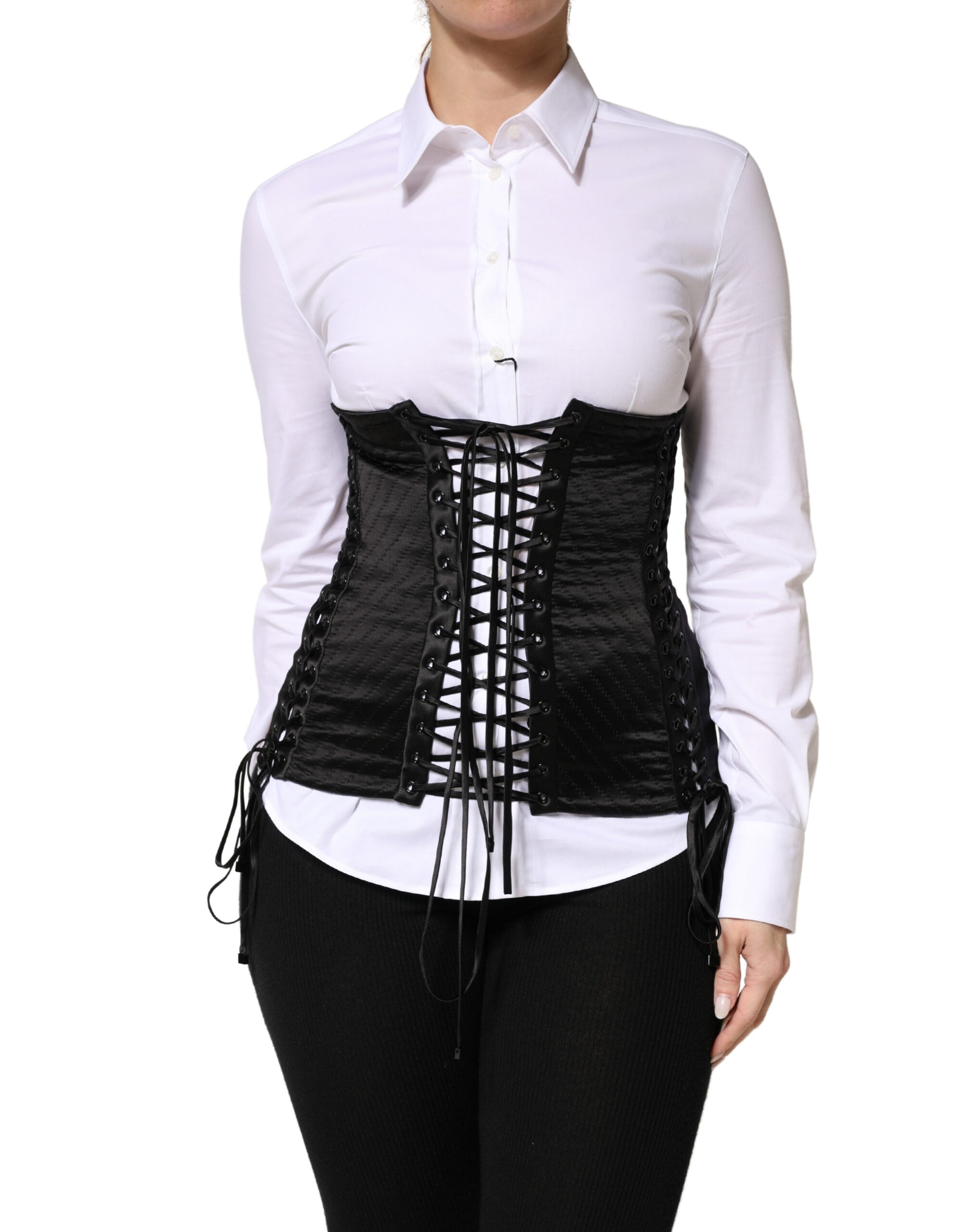 Black Silk Lace-Up Waist Cincher Corset Top
