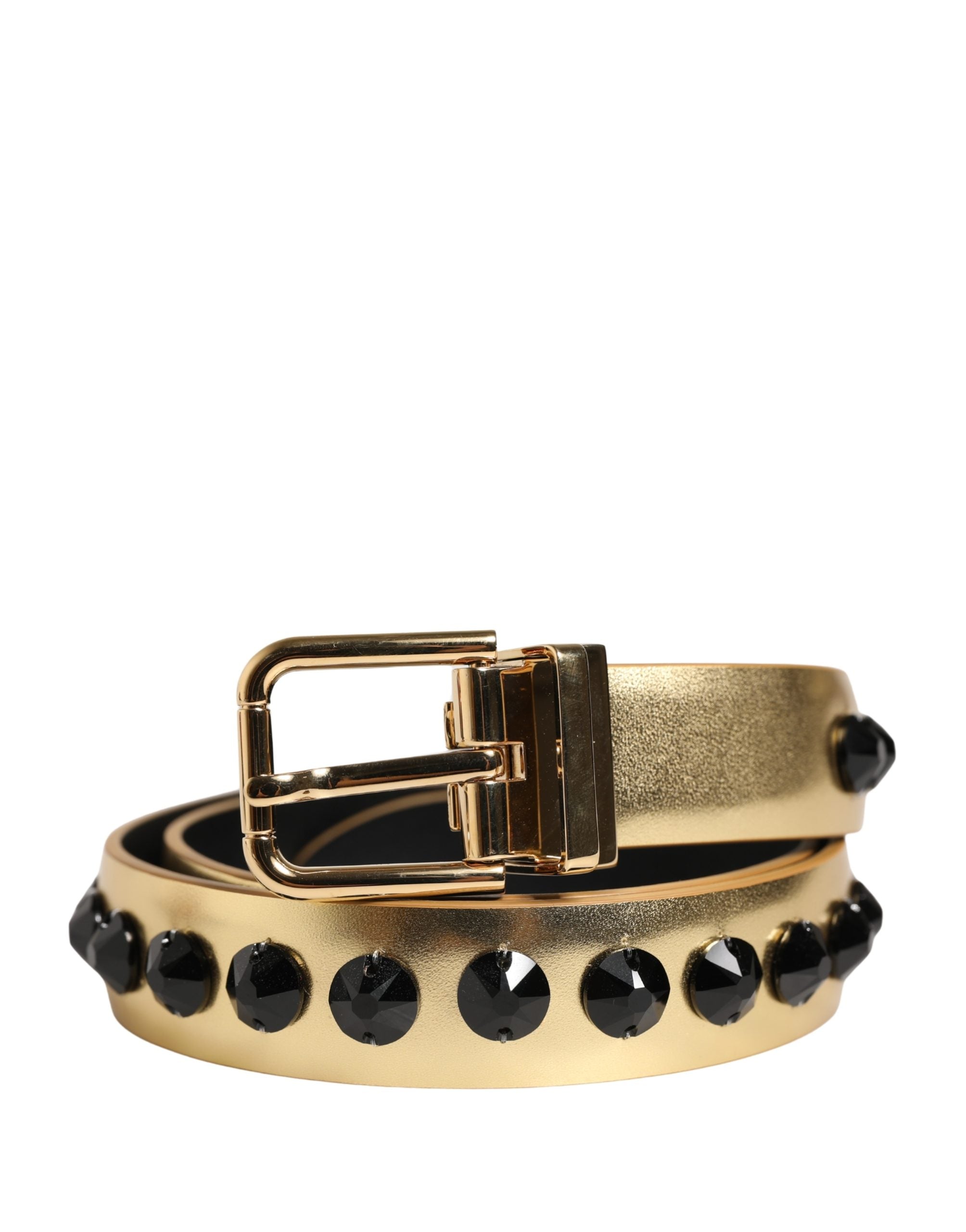 Gold Leather Black Crystals Metal Buckle Belt