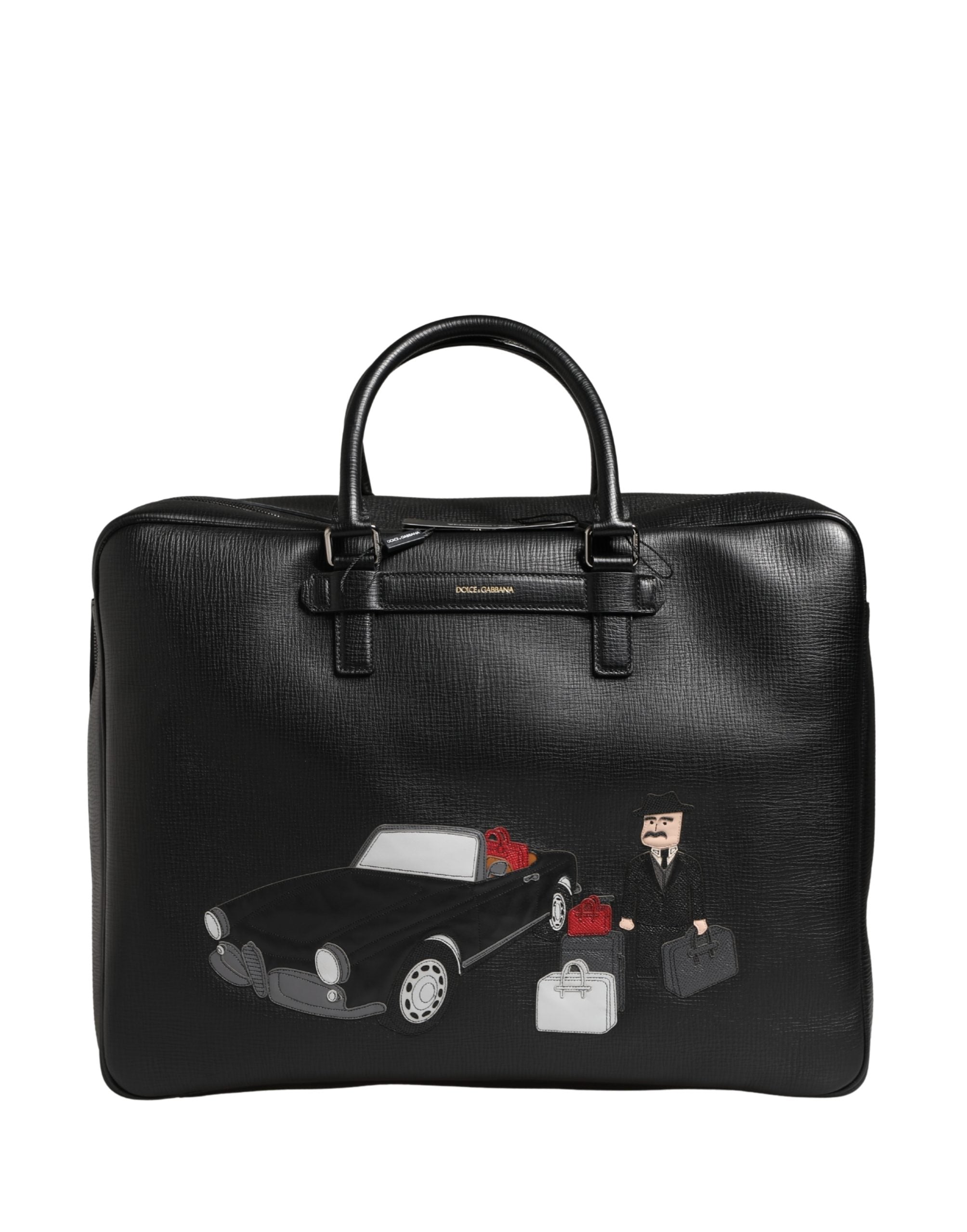 Black Car Man Applique Leather Weekender Borse Bag