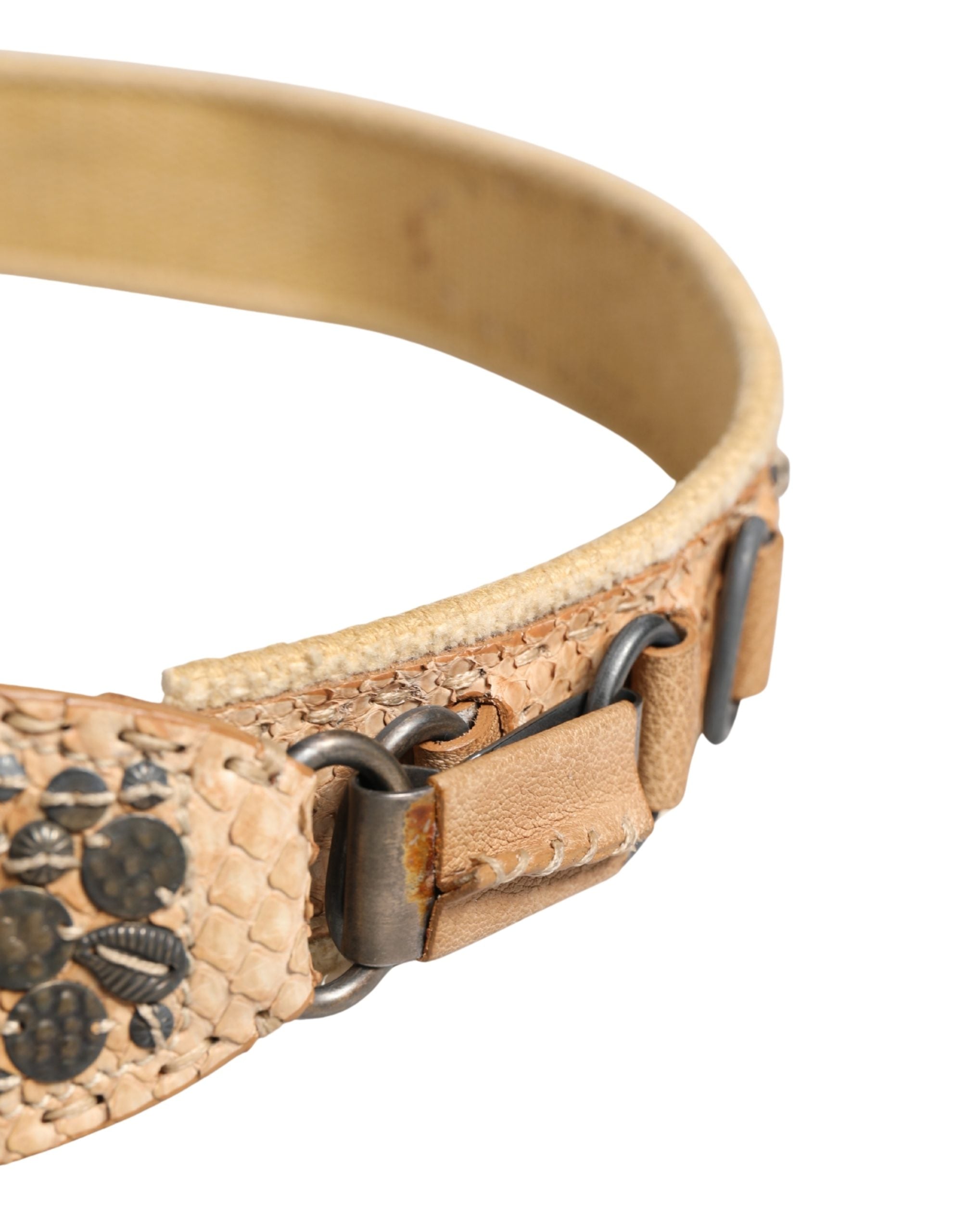 Beige Canvas Embellished Metal Buckle Belt