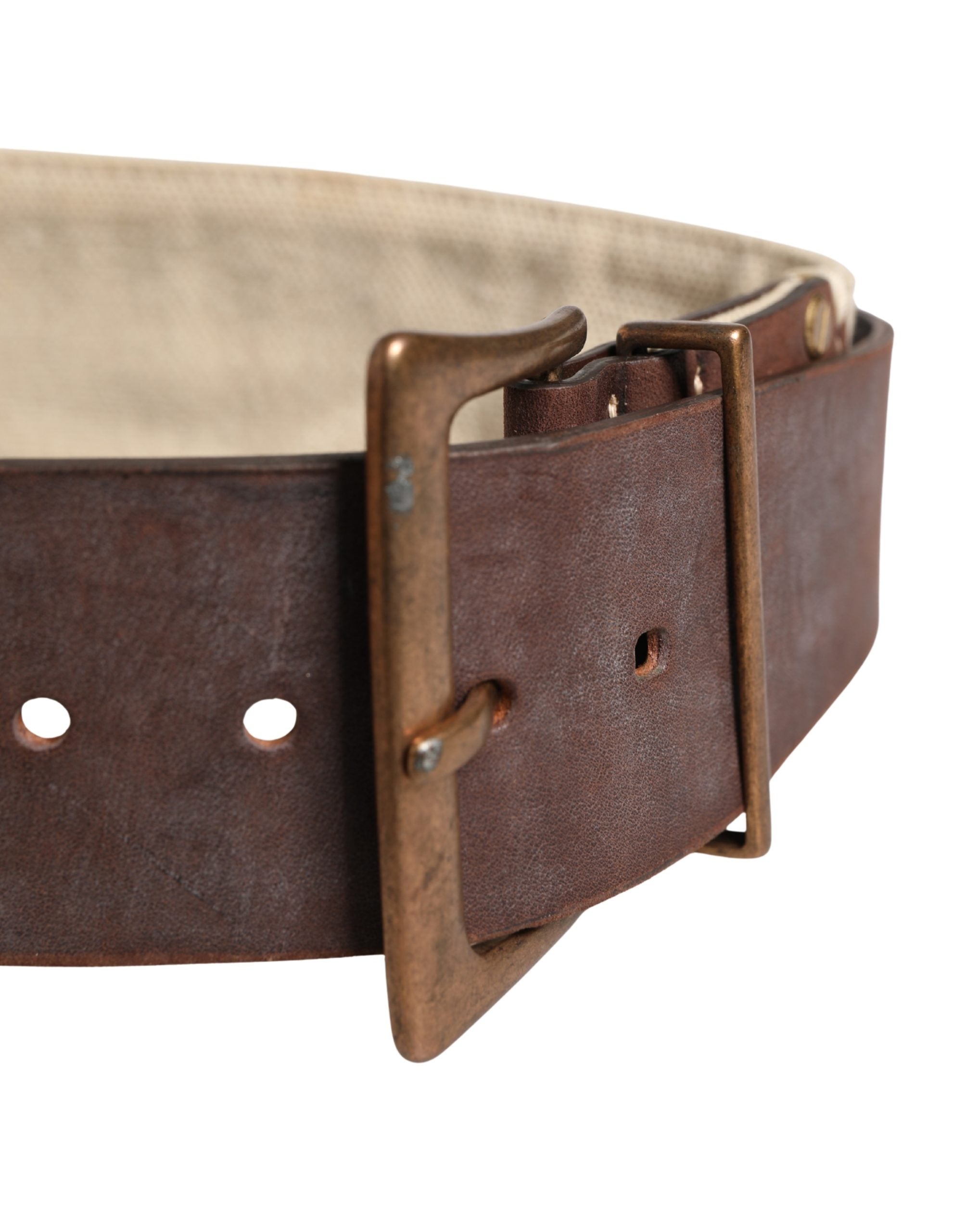 Beige Brown Leather Canvas Metal Buckle Belt